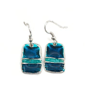 Pewter Earrings with Color Enamel - Banded Rectangle, Teal/Aqua