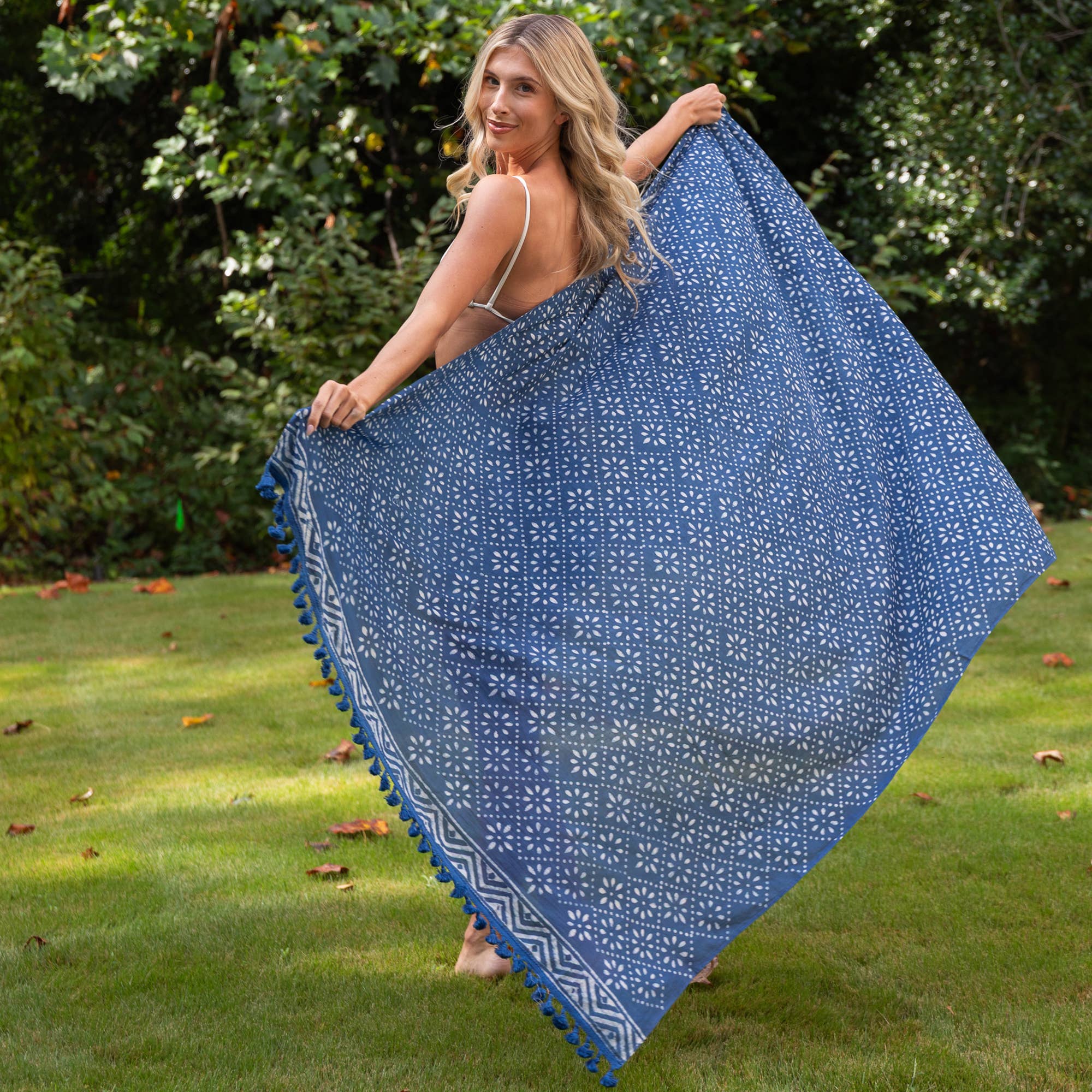 Handcrafted Cotton Sarong - Indigo Star Flower