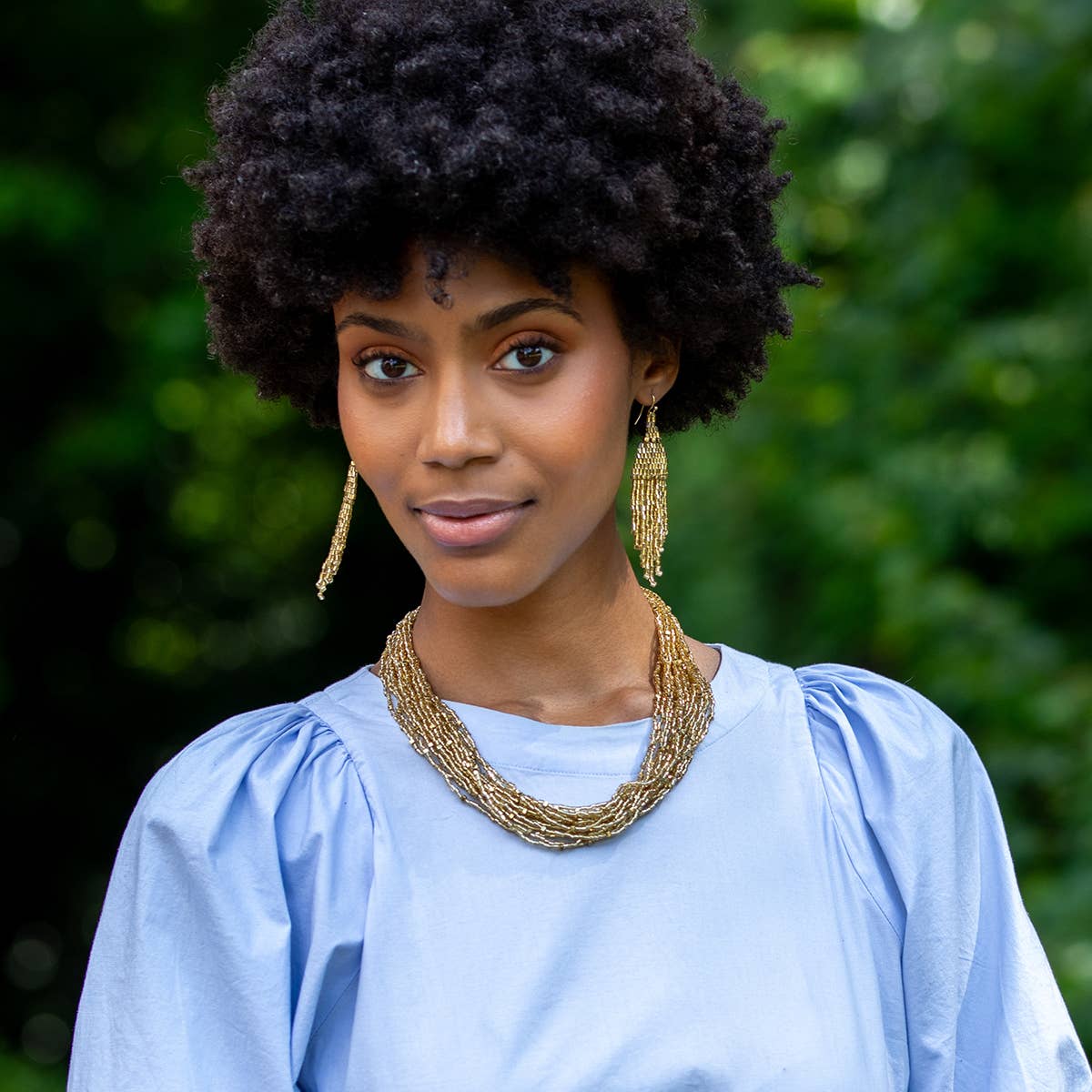 Seed Bead Multi-Strand Bib Necklace - Gold