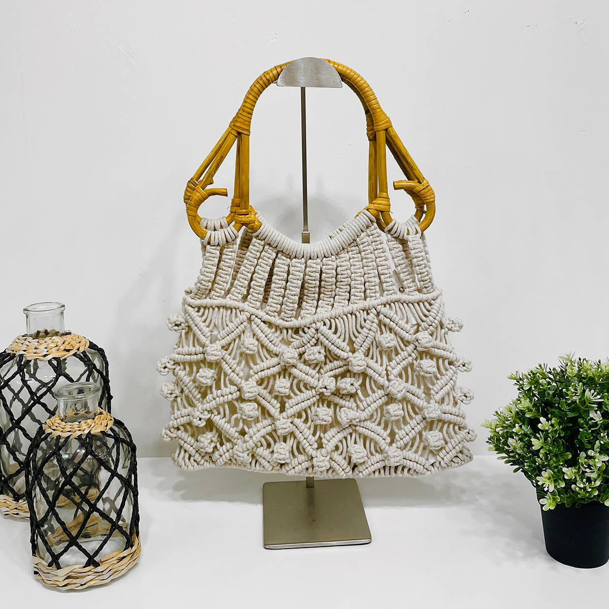 Jolene Bag - Macrame Bag with Cane Handles - Off White