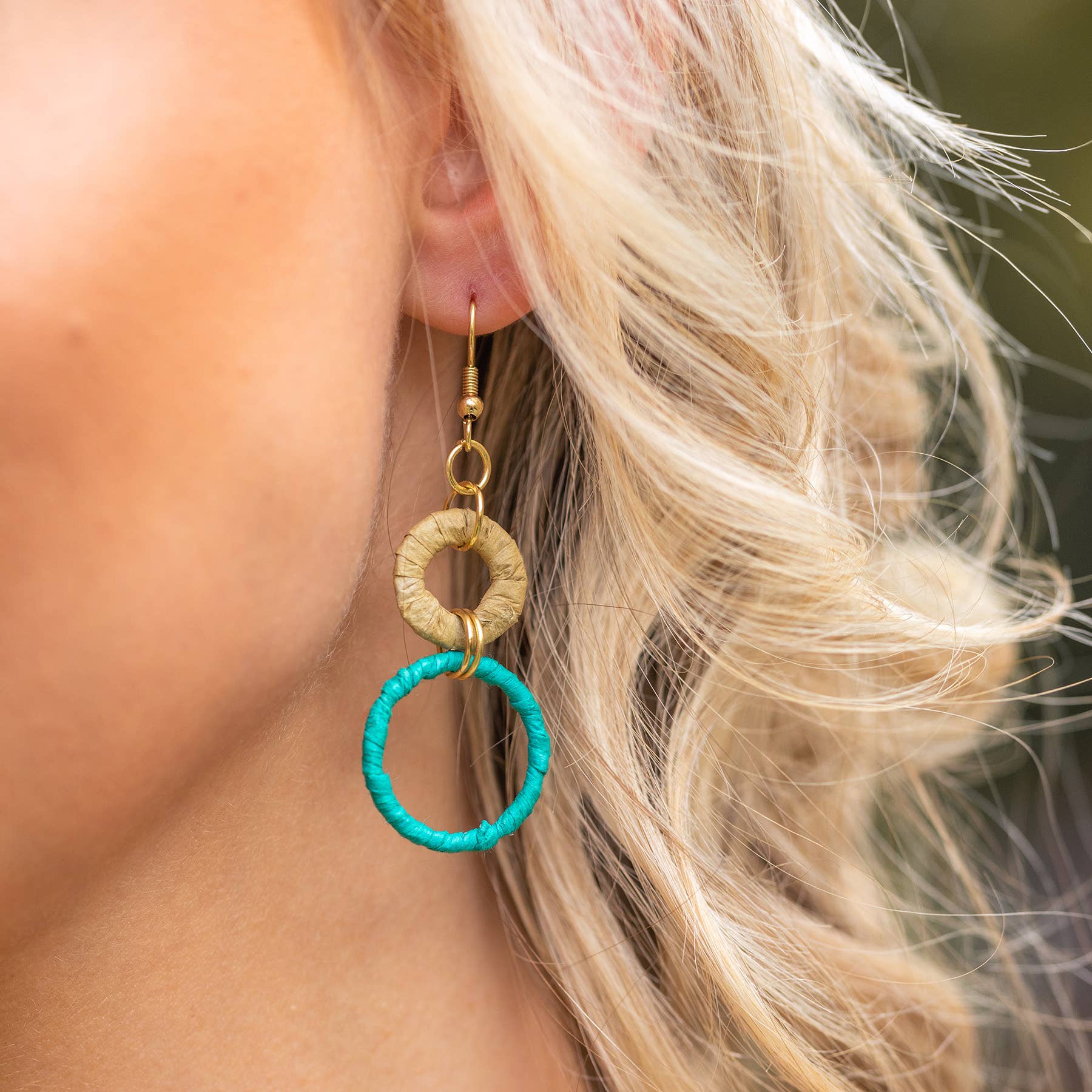 Sachi Raffia Rings Earrings - Teal Large and Small Rings