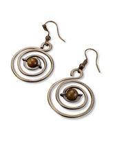 Handcrafted Antique Brass Spiral Earrings with Tiger Eye