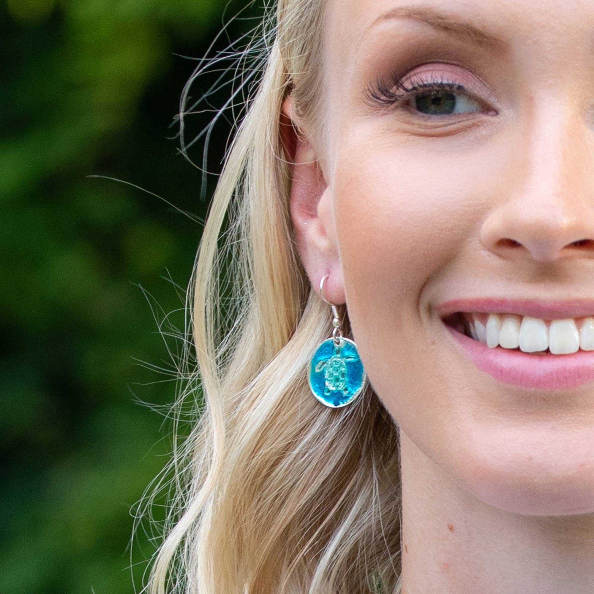 Pewter Earrings with Color Enamel - Teal/Aqua Tortoise