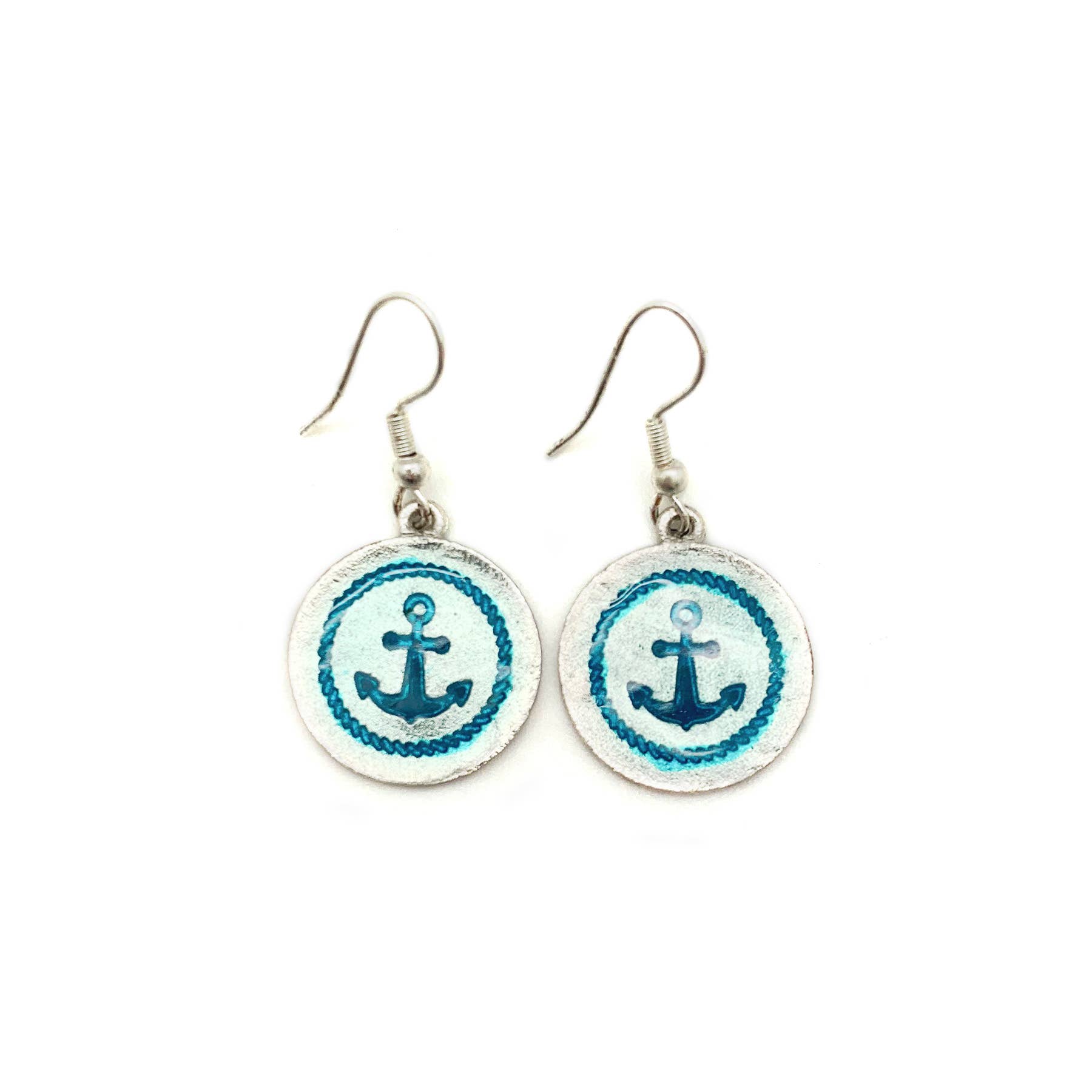 Pewter Earrings w Color Enamel - Teal/Aqua Anchor