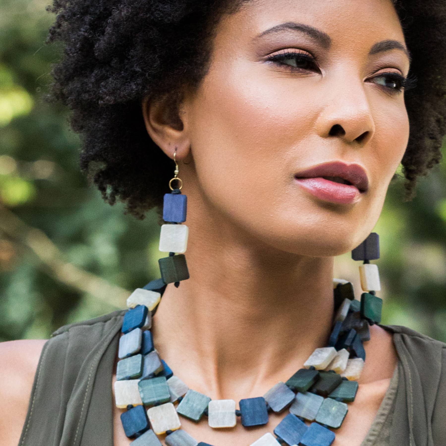 Omala Misty Greens Collection Earrings - Triple Square Beads