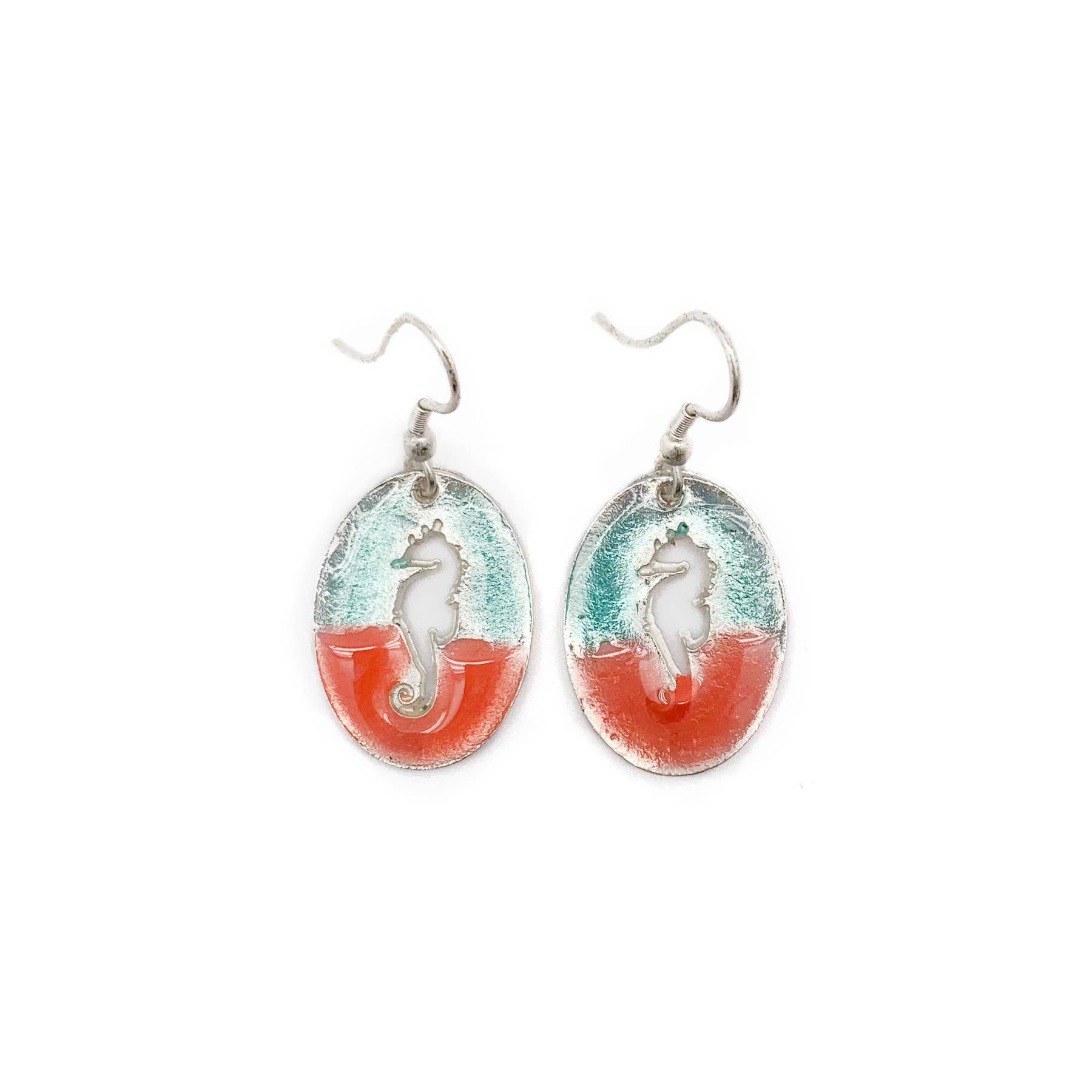 Pewter Earrings with Color Enamel - Coral/Aqua Seahorse