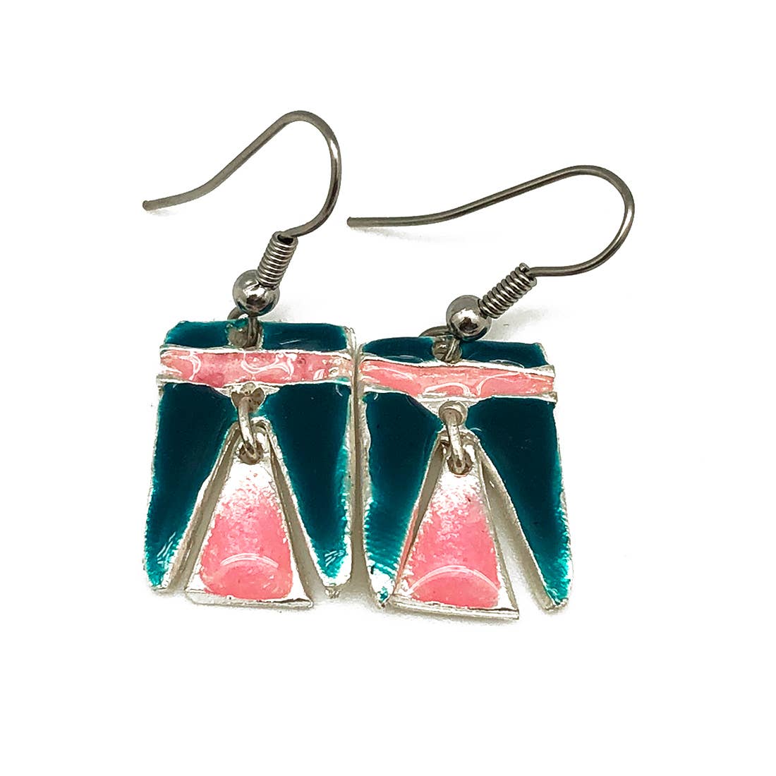 Pewter Earrings with Color Enamel - Teal/Pink