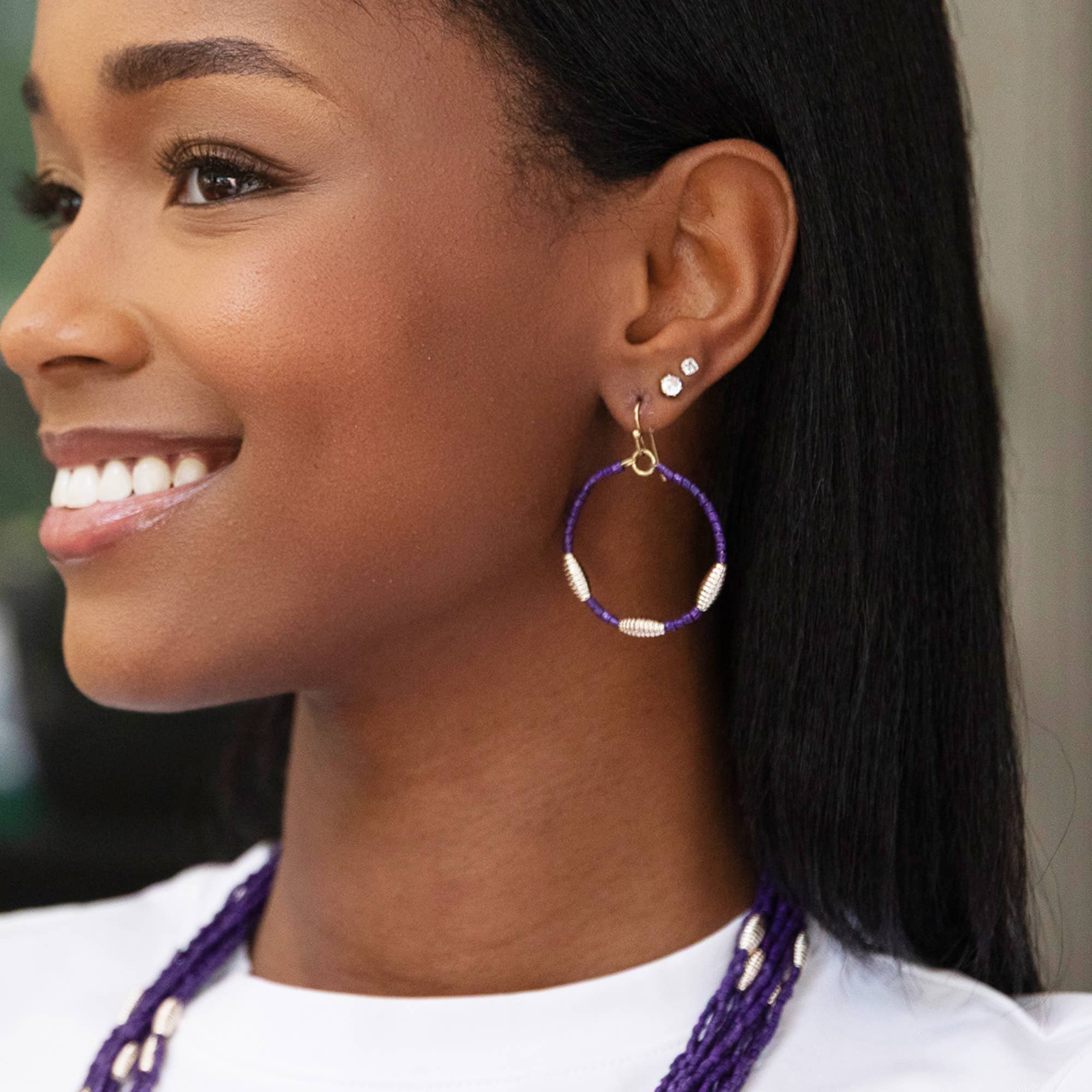 Seed Bead Hoop Earrings - Purple