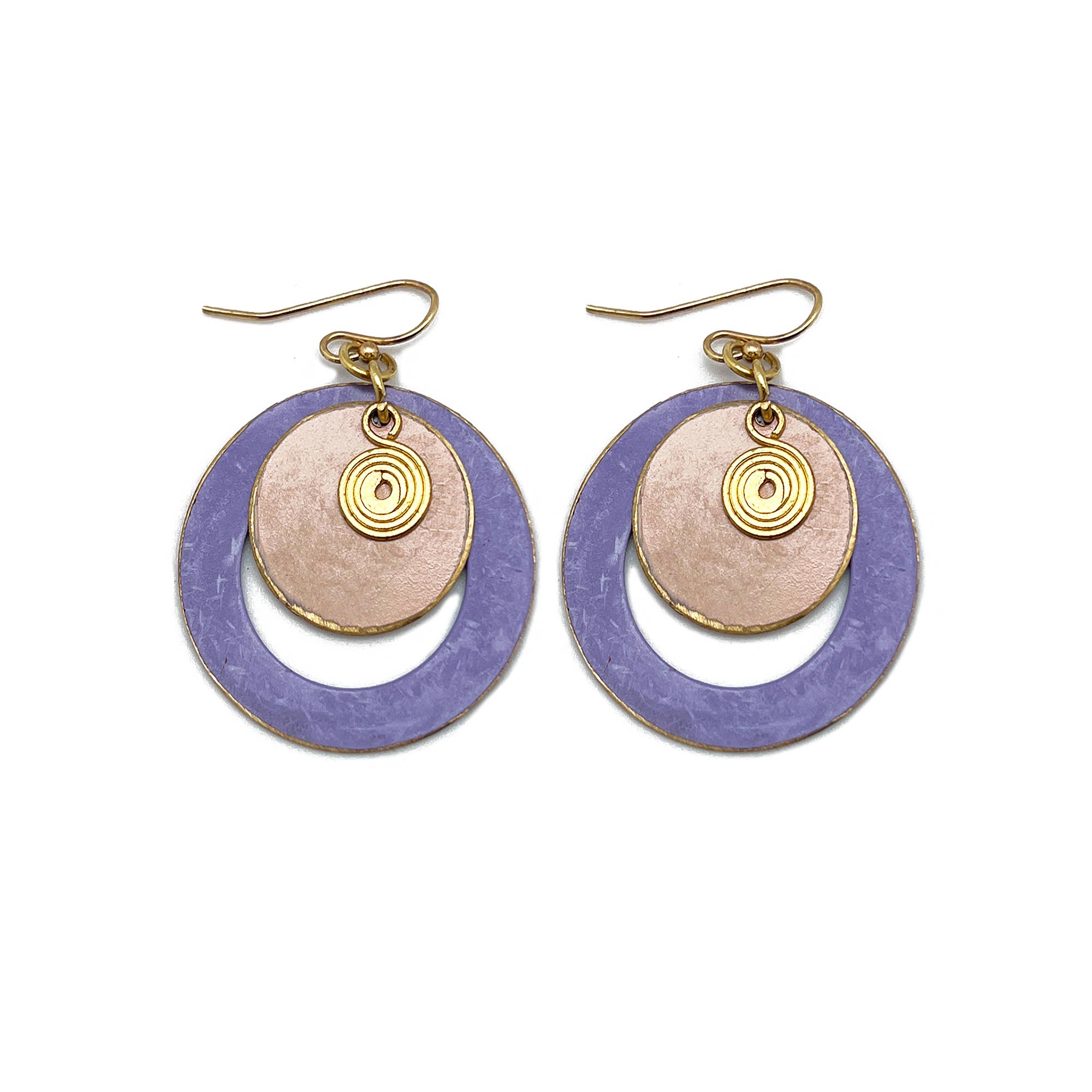 Brass Patina Earrings - Round Cut out Purple Layers