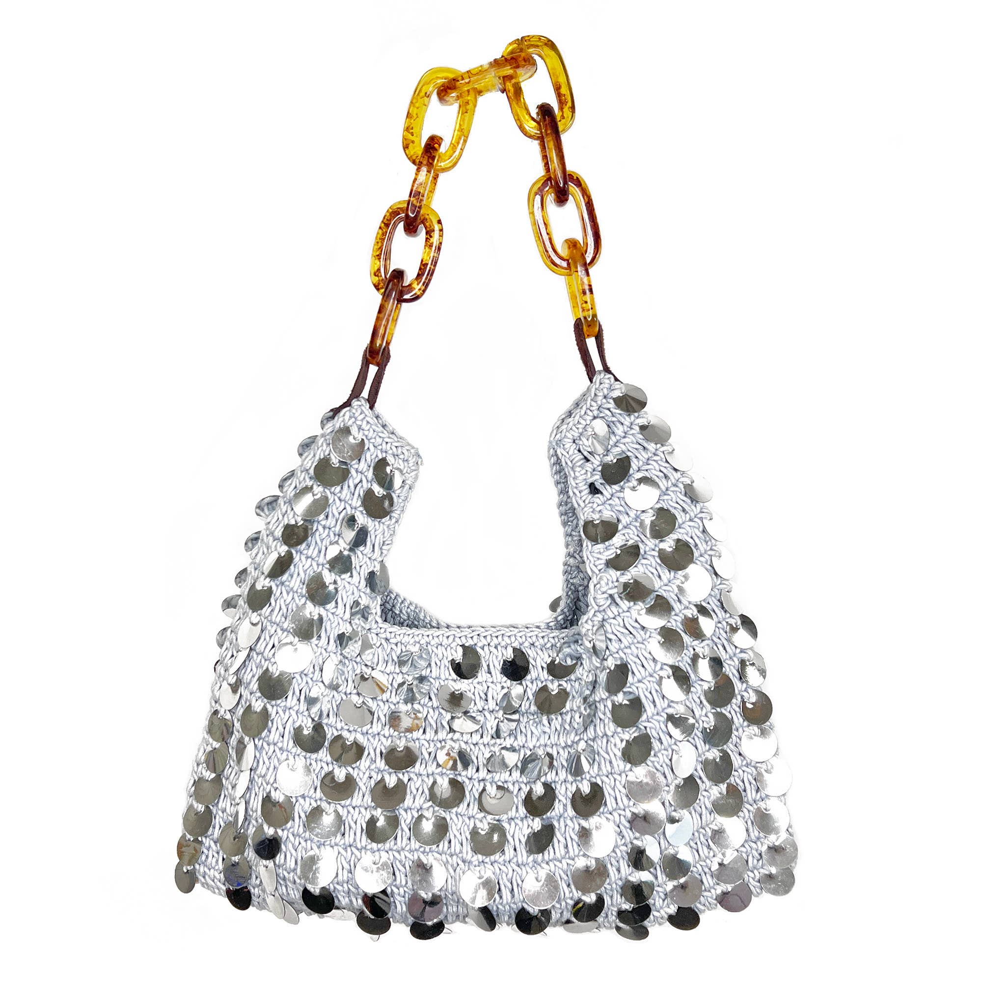 Mia Bag - Cotton Sequined Purse with Link Handle - Silver