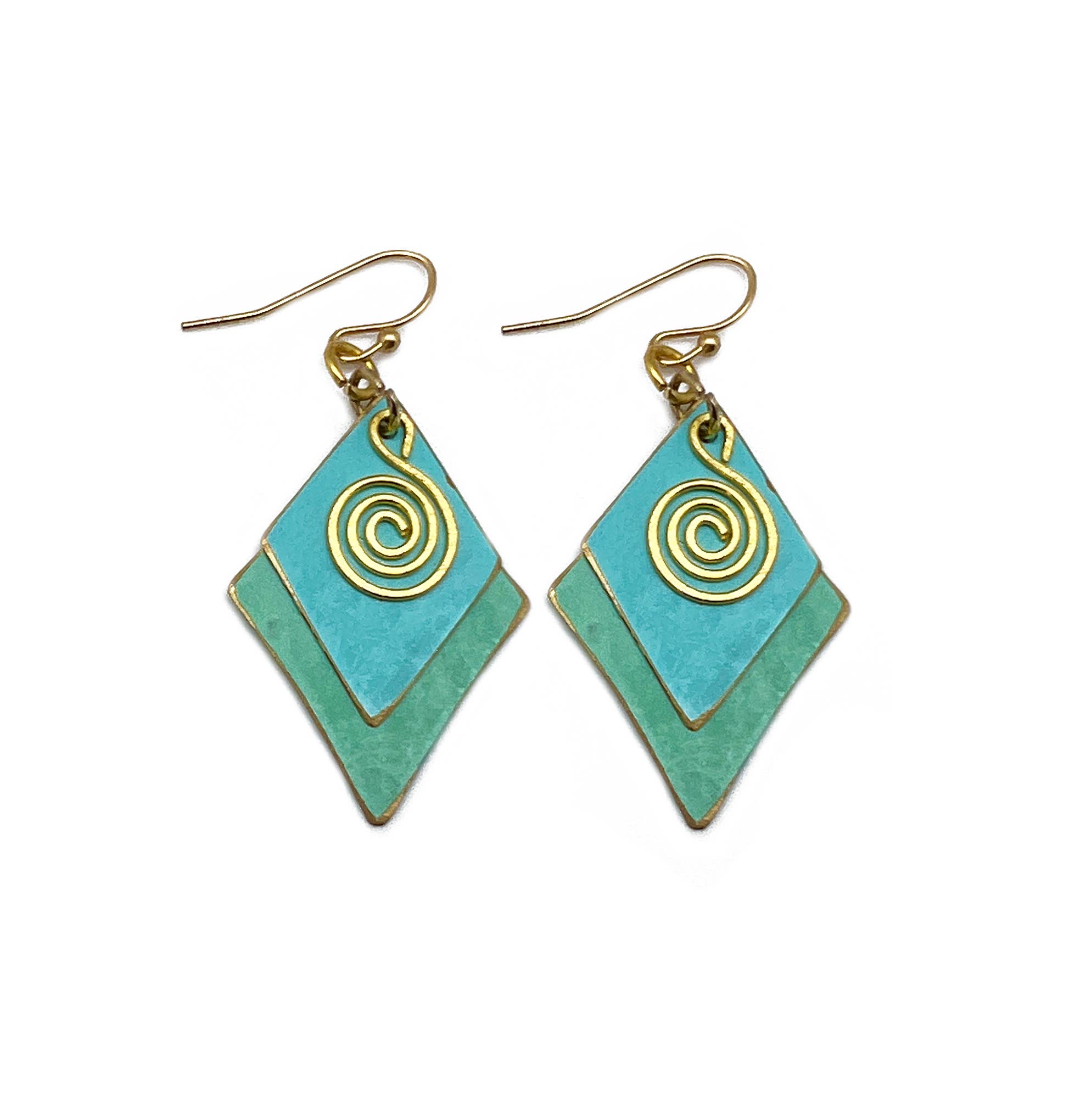 Brass Patina Earrings - Green and Blue Layered Diamonds
