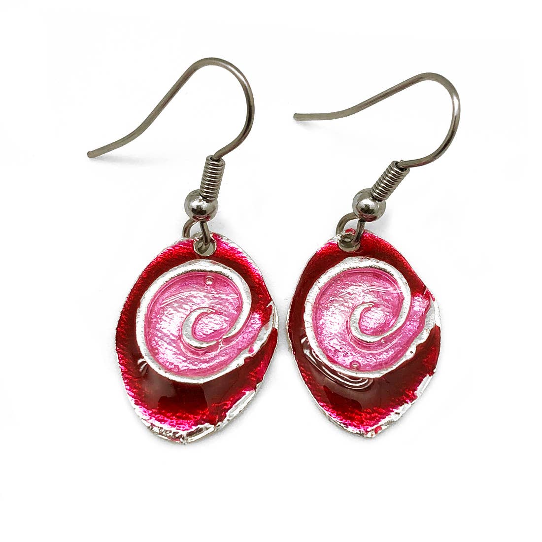Pewter Earrings with Color Enamel - Red/Pink