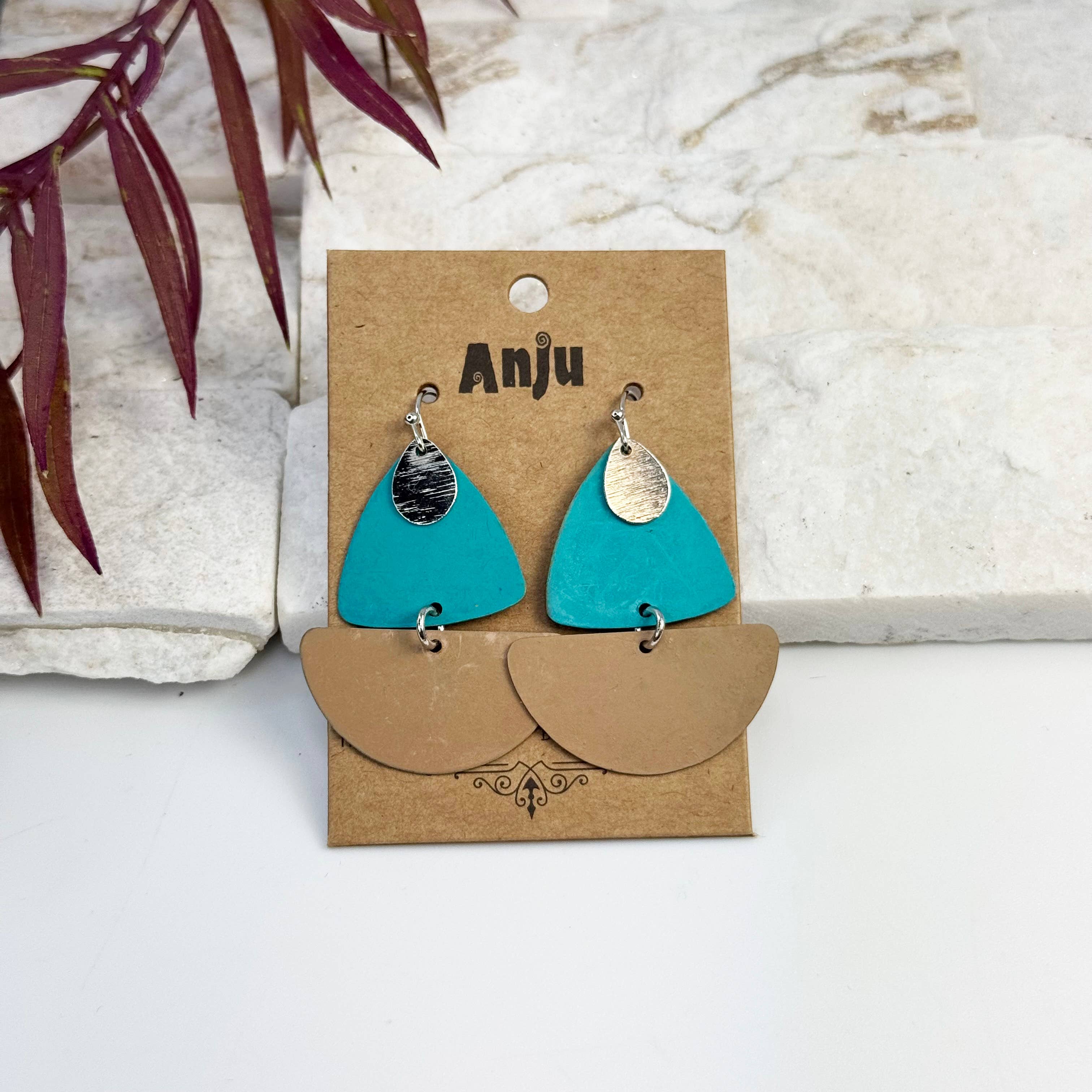 Handcrafted Turquoise & Tan Patina Geometric Earrings