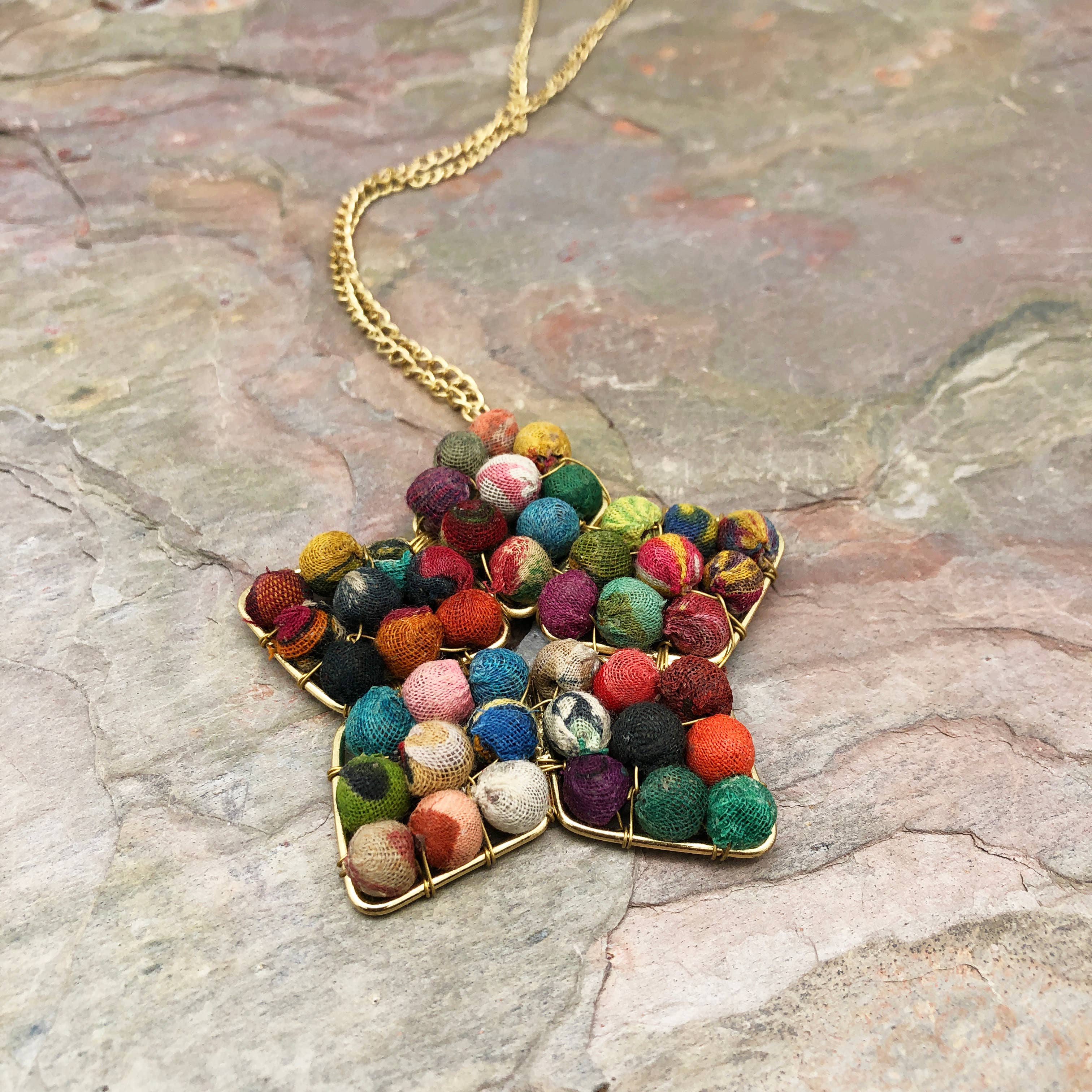 Aasha Star Flower Pendant Long Kantha Handcrafted Necklace