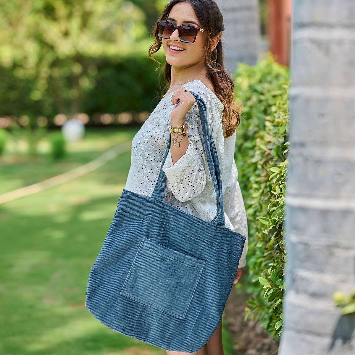 Corduroy Tote Bag with Front Pocket - Blue