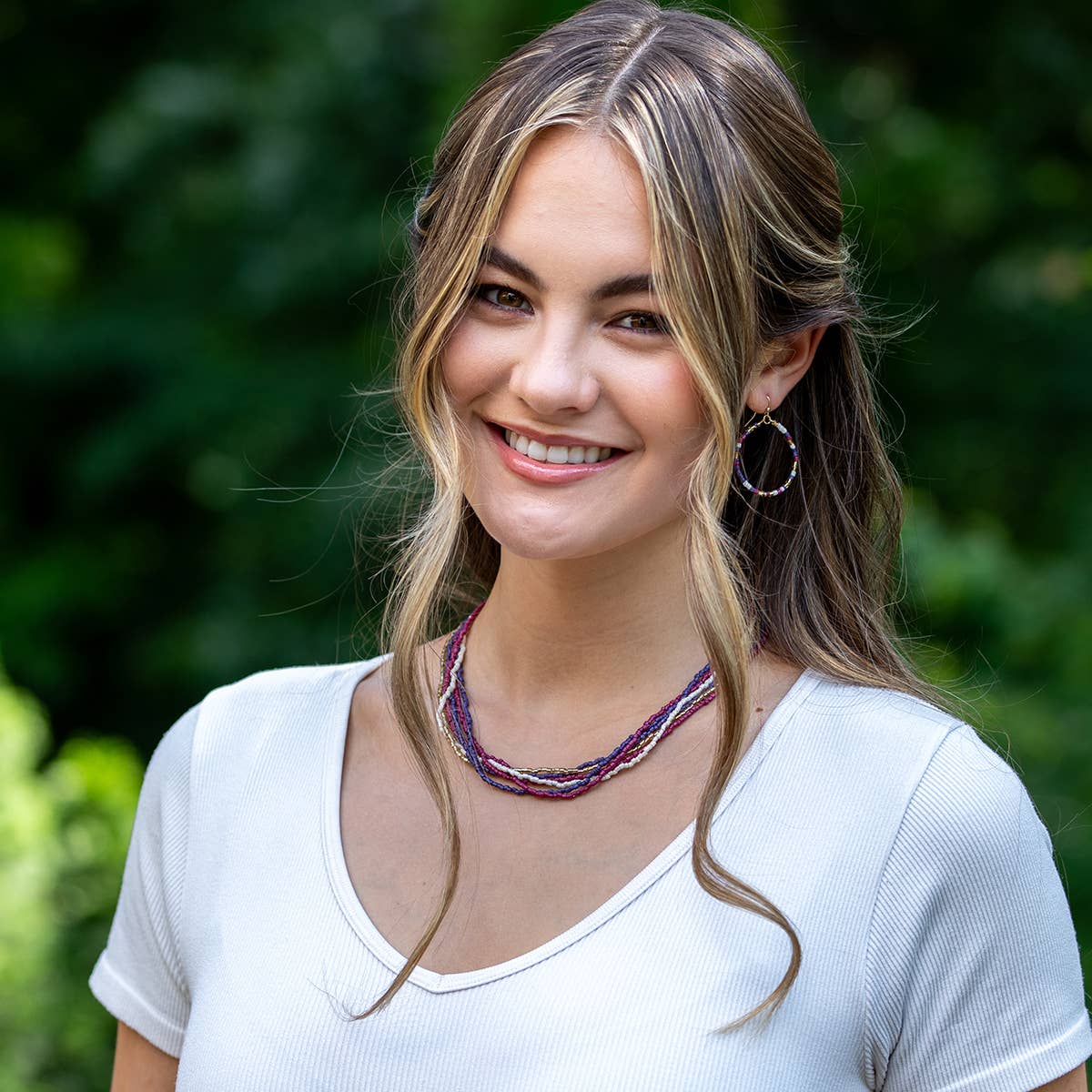 Seed Bead Multi-Strand Bib Necklace - Navy and Magenta