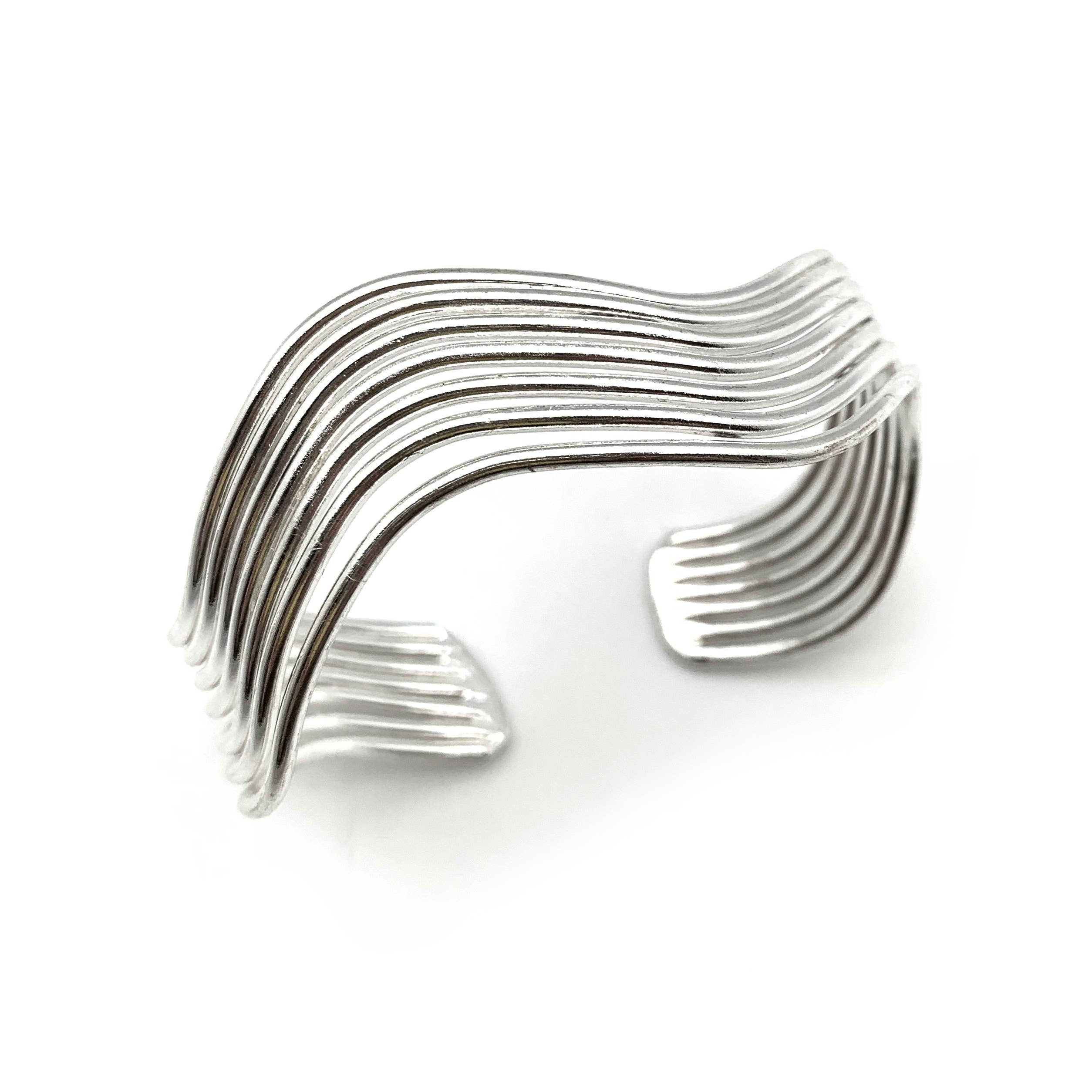 Silver Plated Adjustable Cuff Bracelet - Thin Wavy Bands