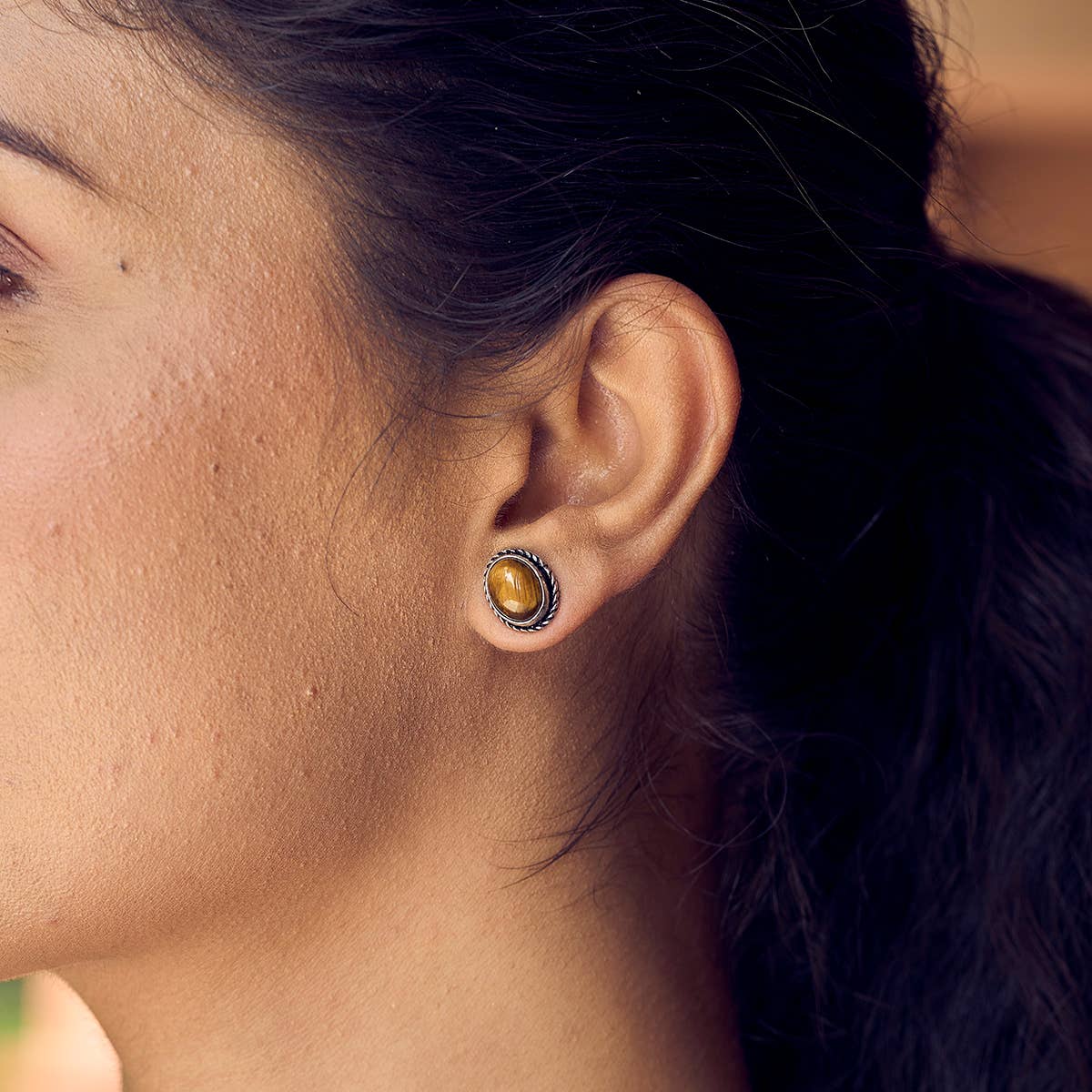 Handcrafted Kashi Semiprecious Stone Post Earrings -Tigereye