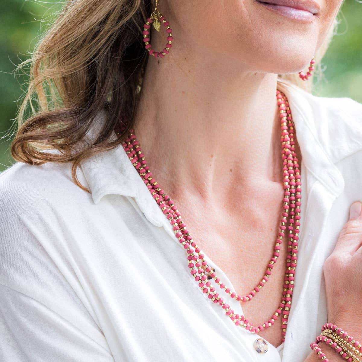 Sachi Mulberry Mix Necklace - Three Long Strands Dark Pink