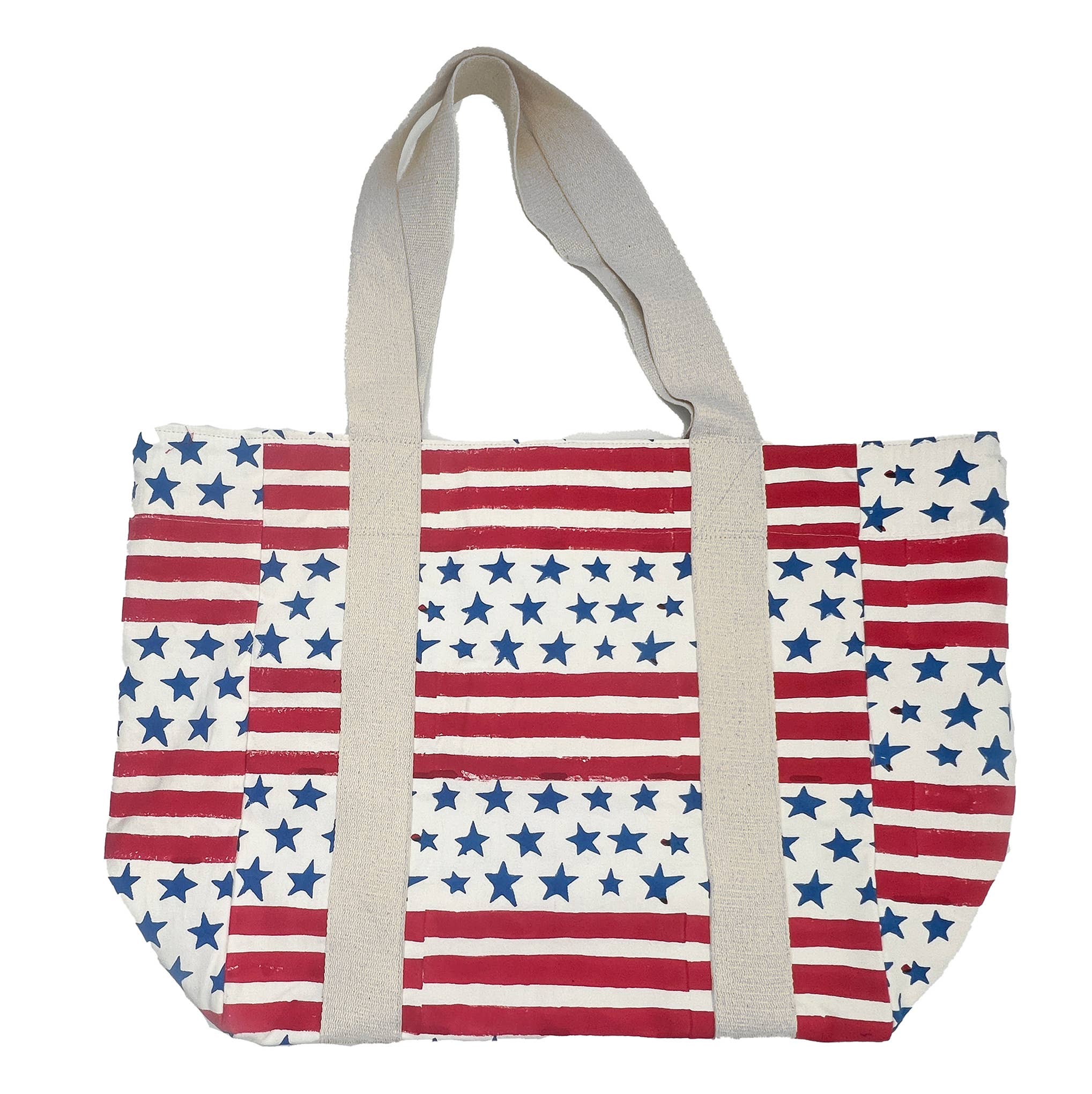 Block Printed Canvas Tote - Striped Stars