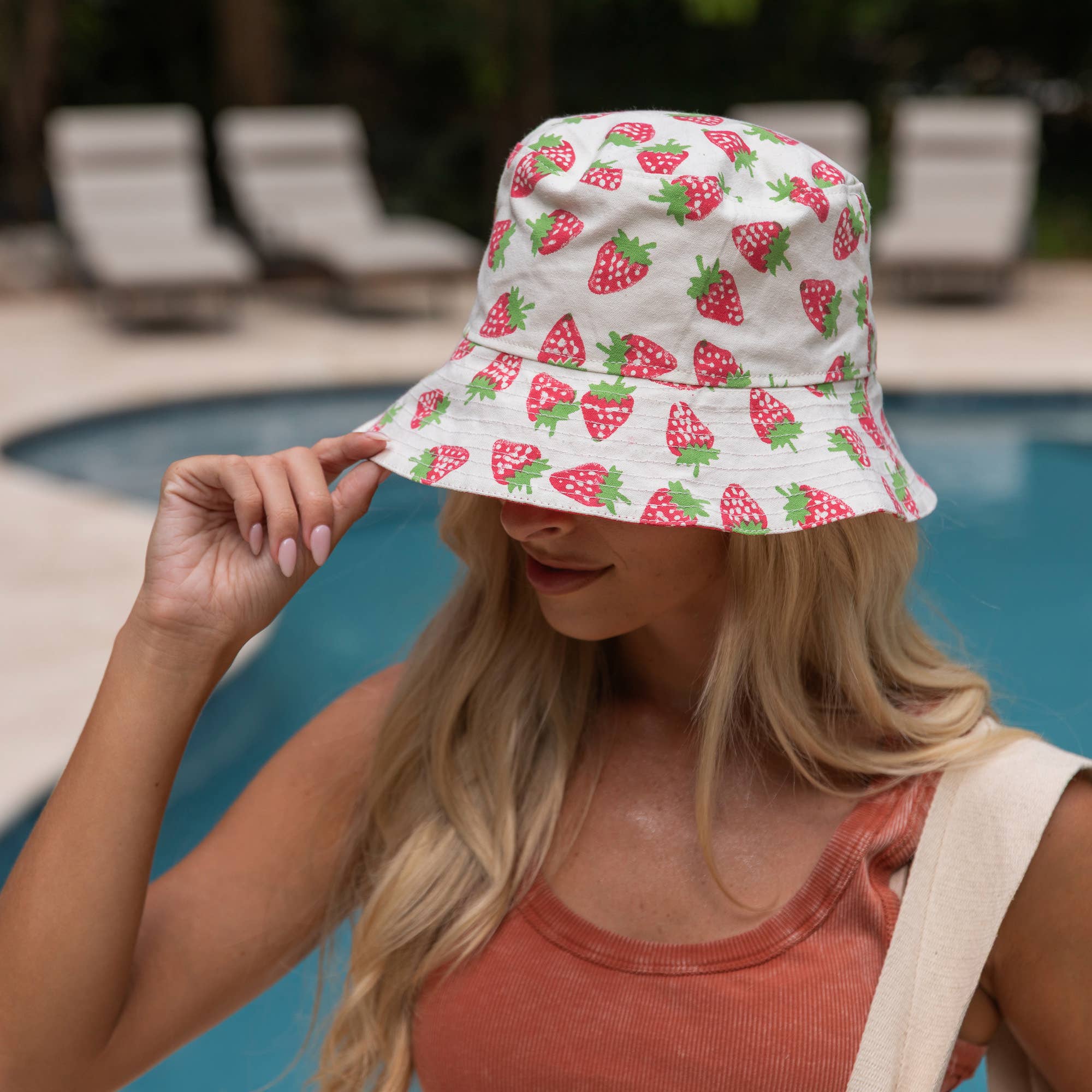 Block-Printed Canvas Strawberries Bucket Hat