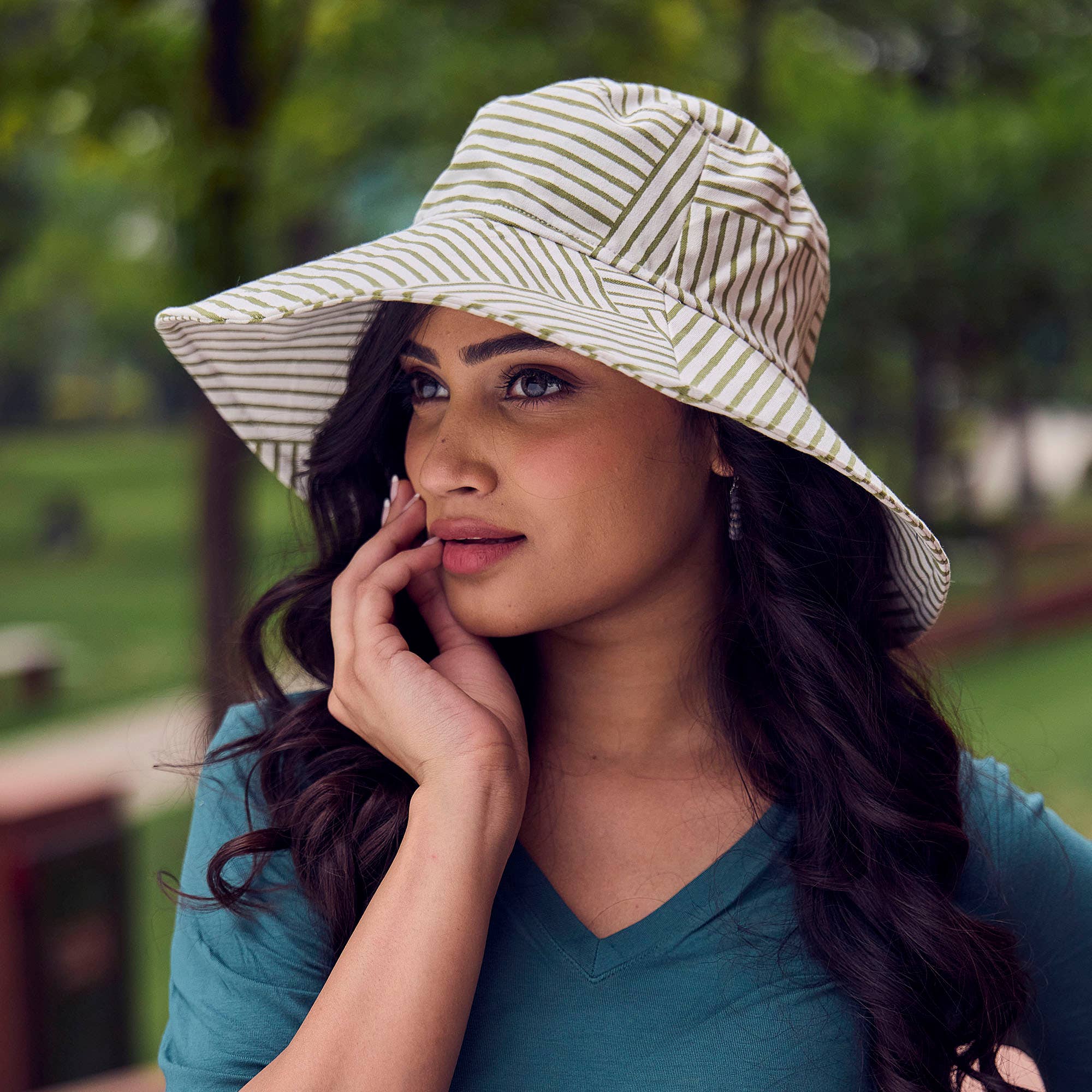 The Block printed Canvas  Olive Stripes Sun Hat