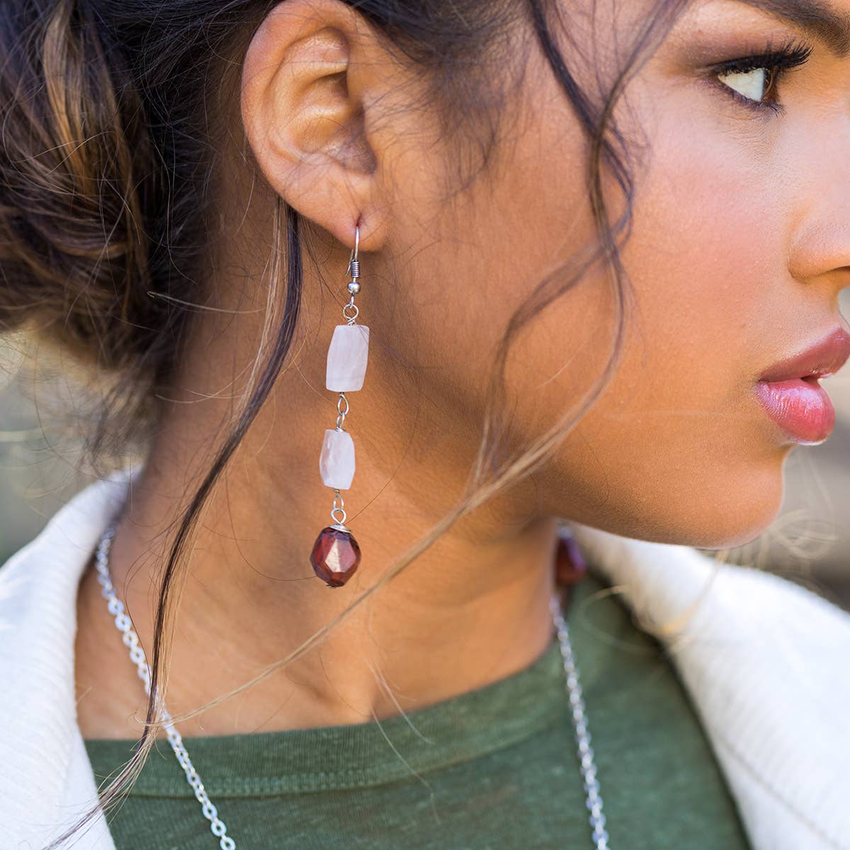 Banjara Cascading Stones Earrings - Rose Quartz, Red Jasper