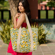 Handcrafted Canvas Bag with Block-Printed Lemon Groves