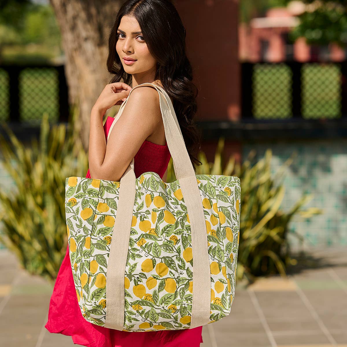 Handcrafted Canvas Bag with Block-Printed Lemon Groves