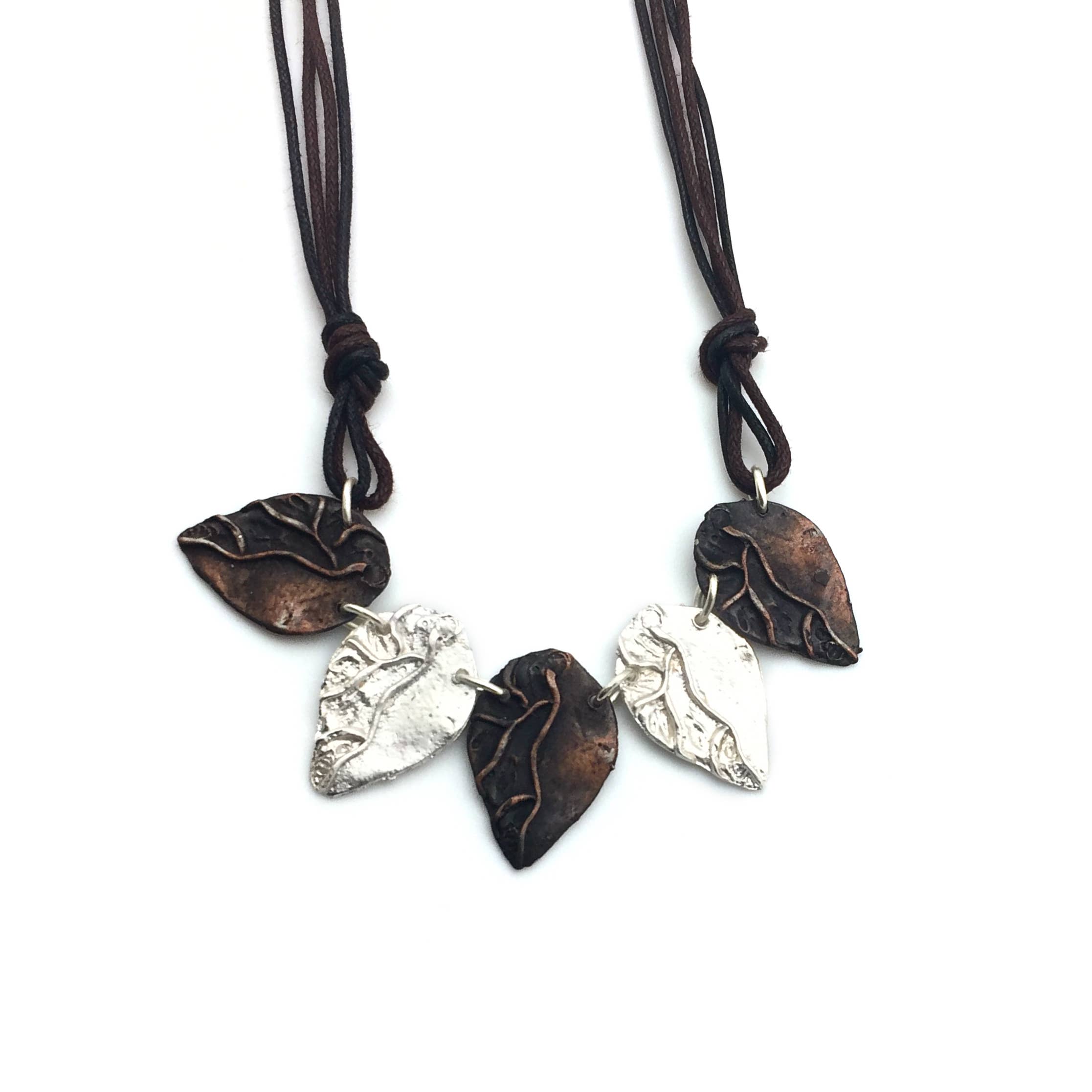 Pewter Necklace - Two Tone Leaves in Silver/Antique Copper