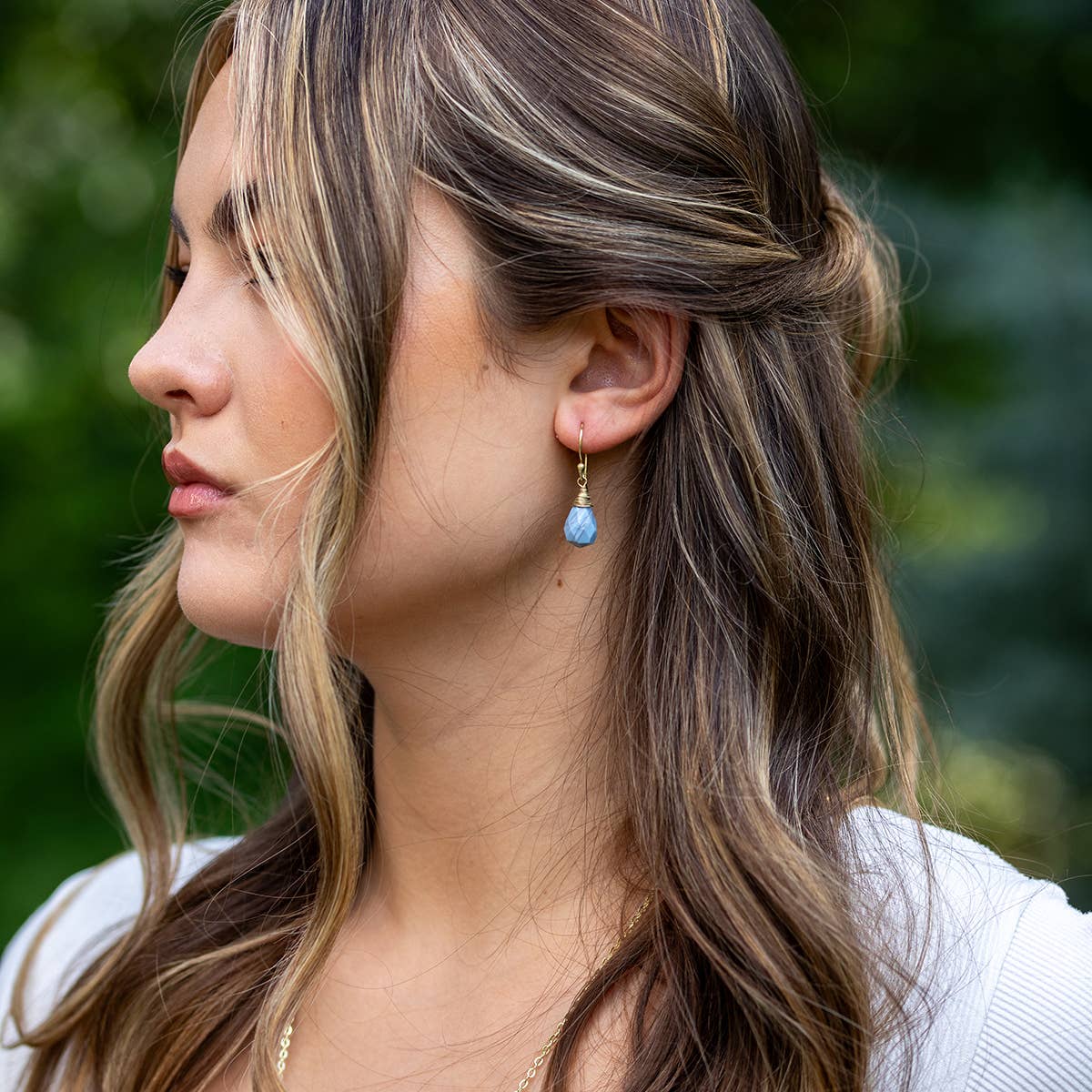 Gold-Plated Blue Lace Agate Teardrop Earrings