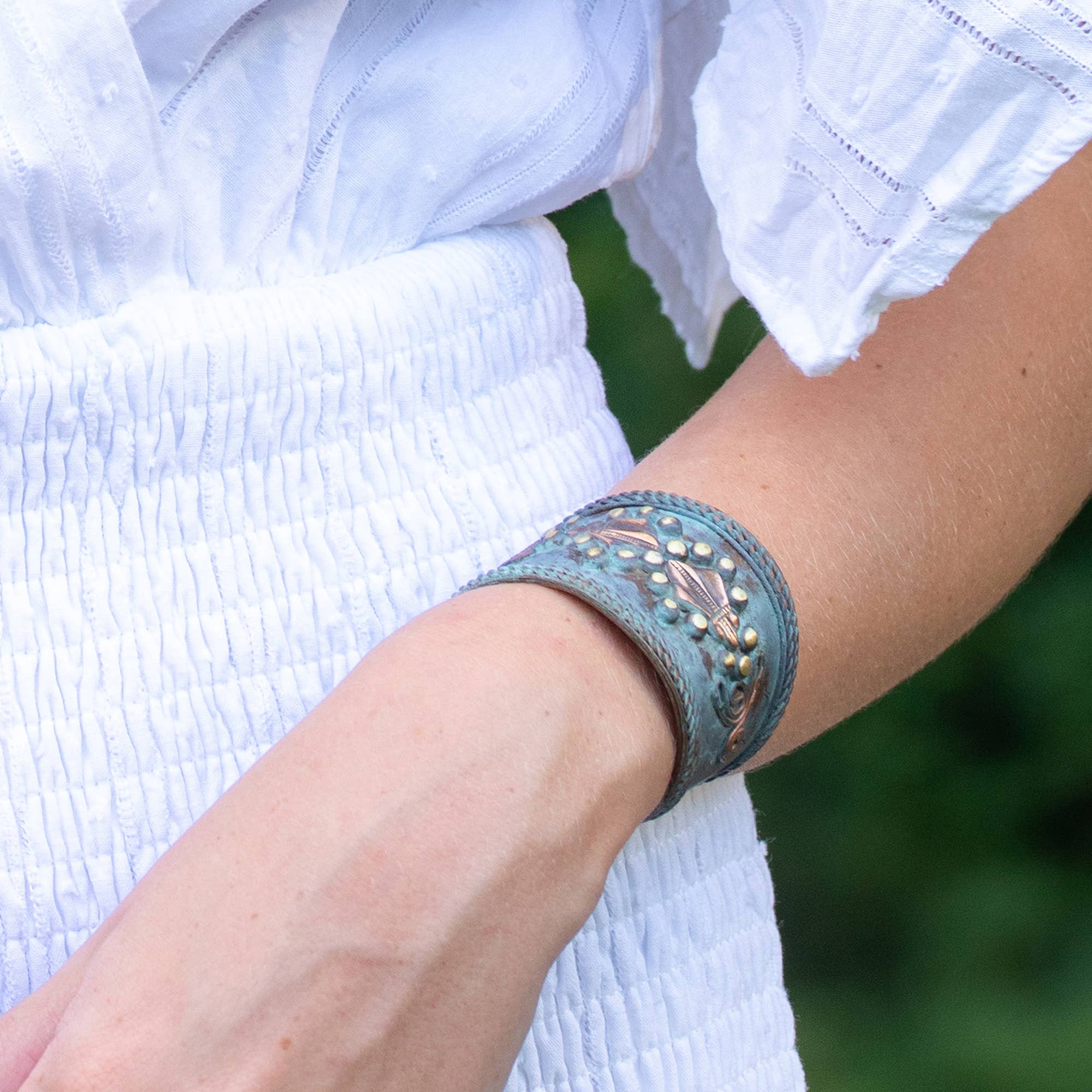 Filigree, Wavy Lines, and Rivets Teal Copper Patina Cuff