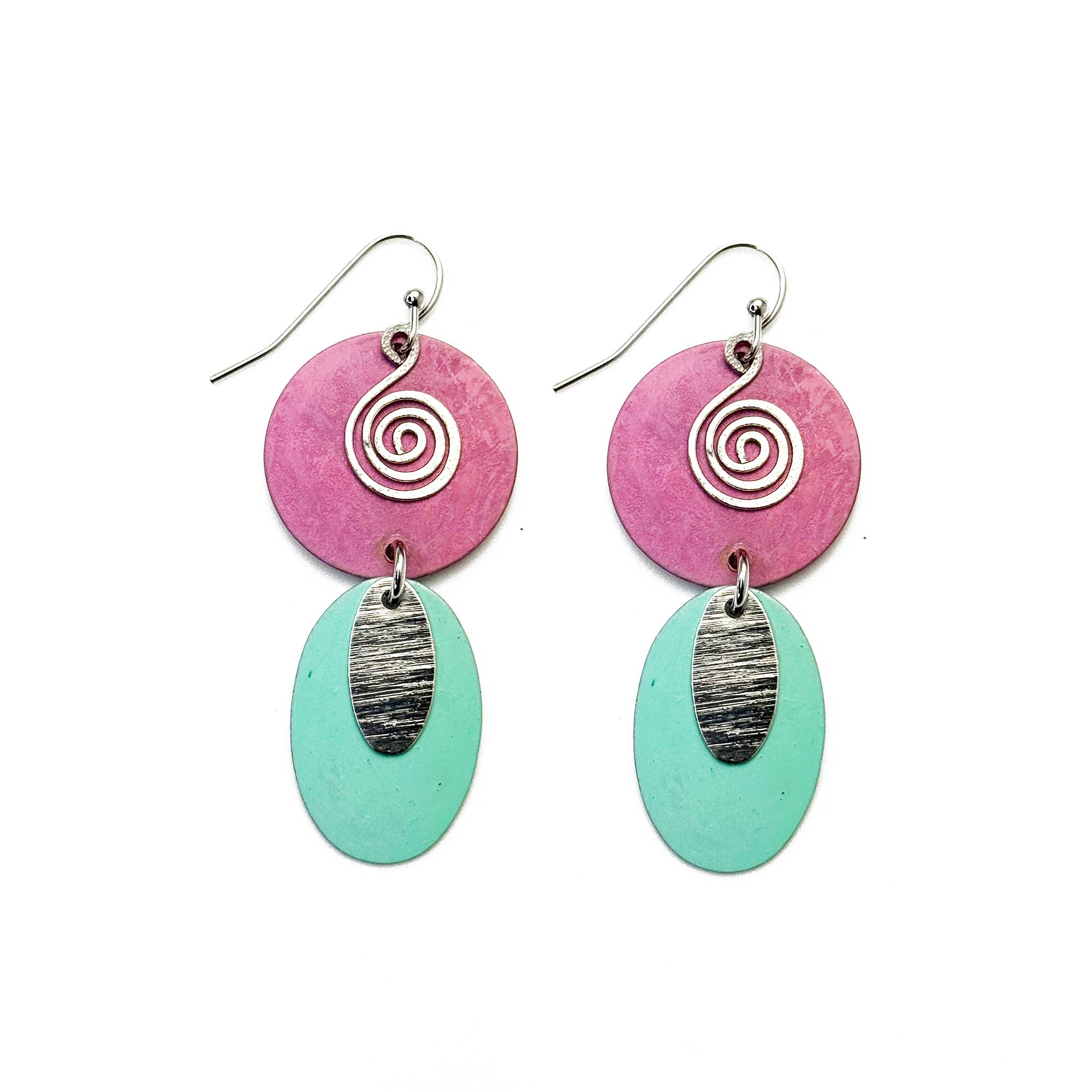 Handcrafted Pink & Teal Patina Spiral Earrings