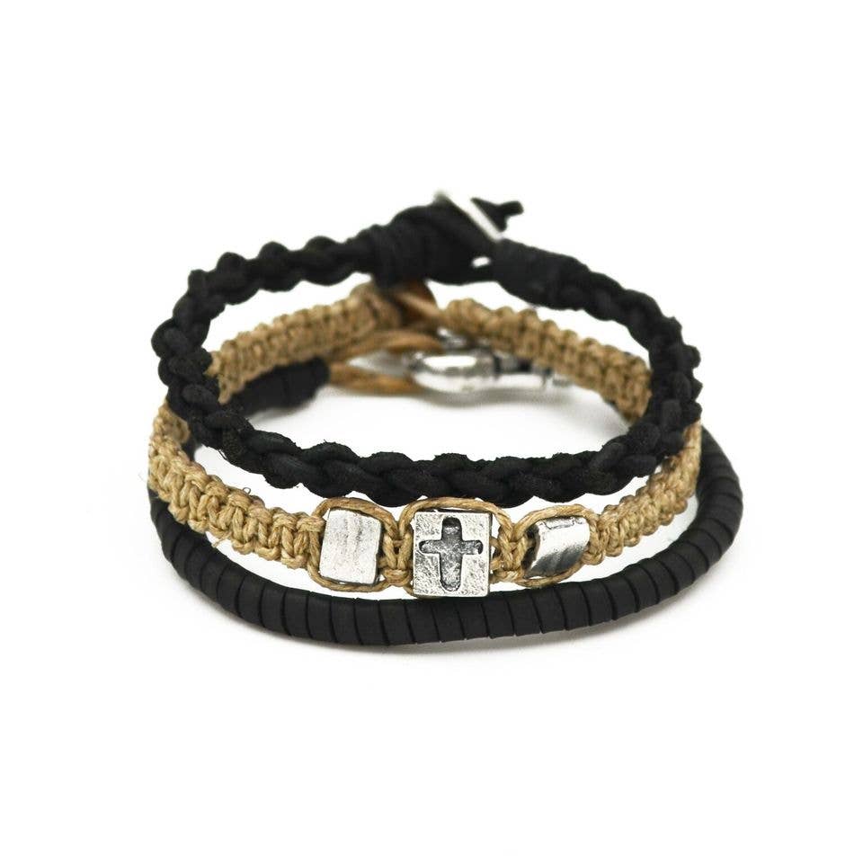 Aadi Black Leather, Tan Jute, Cross Bead Men's Bracelet