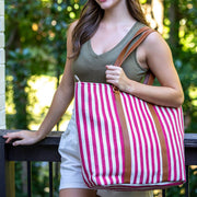 Malibu Tote - Red and White Tote with Leather Handles