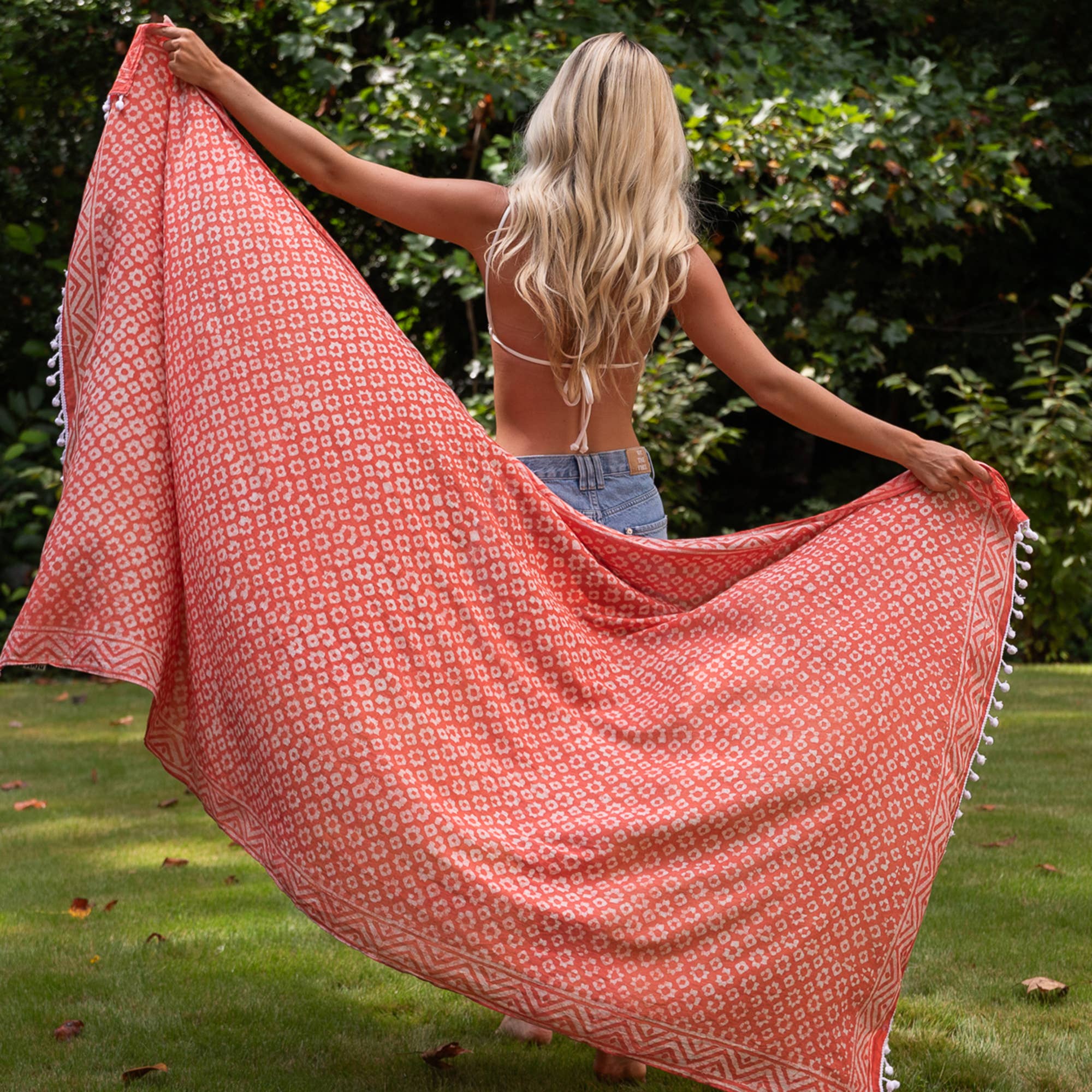 Handcrafted Cotton Sarong - Orange Geometric Floral