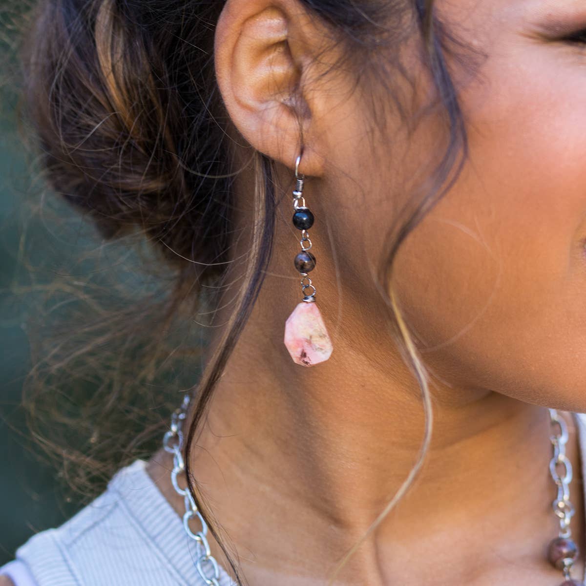 Banjara Semi-Precious Stone Earrings - Rhodonite & Pink Opal