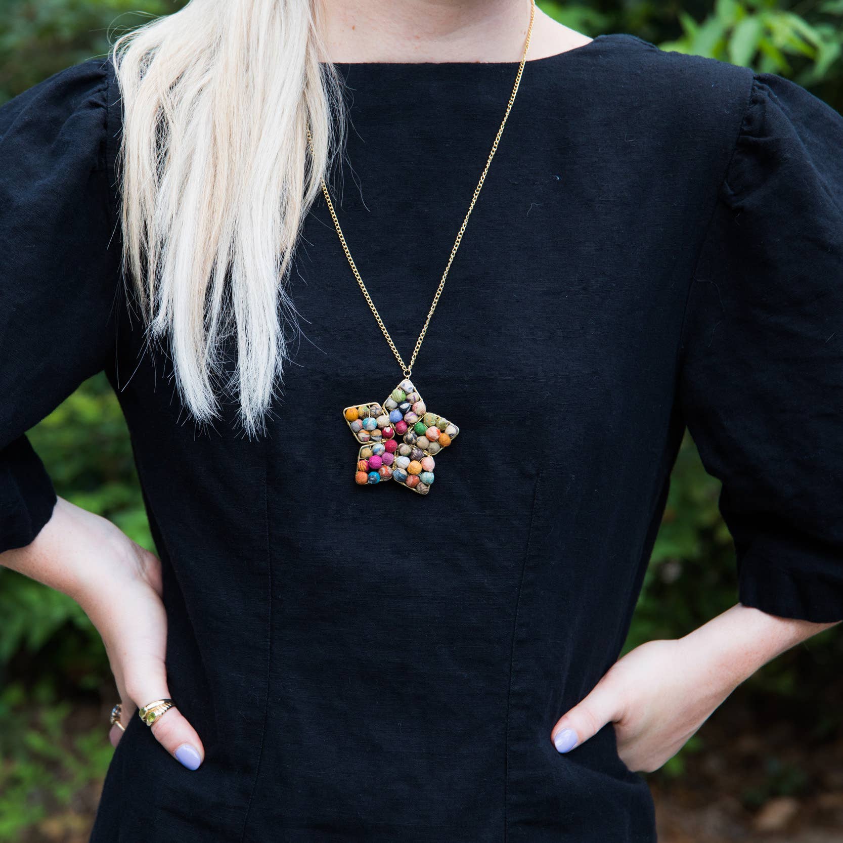 Aasha Star Flower Pendant Long Kantha Handcrafted Necklace