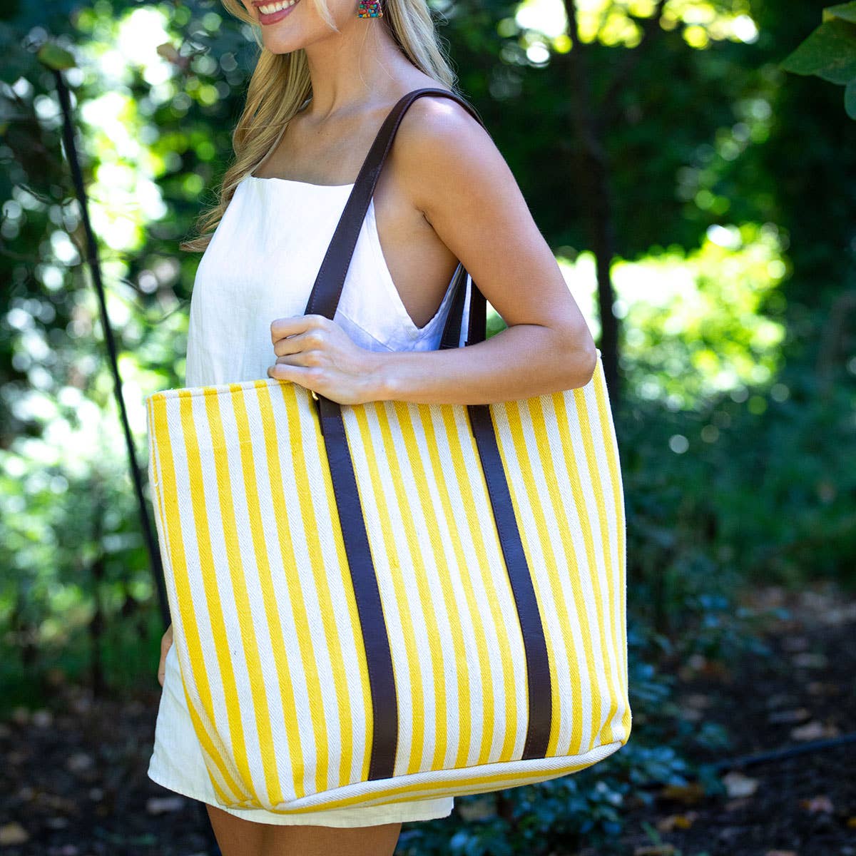 Malibu Tote - Yellow and White Tote with Leather Handles