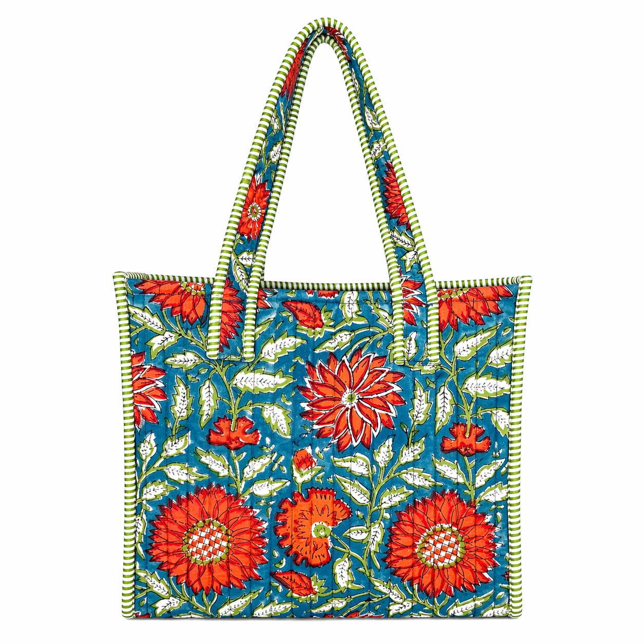 Teal Blossom Block-Printed Quilted Mini Tote