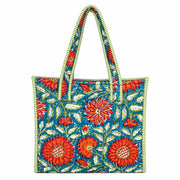 Teal Blossom Block-Printed Quilted Mini Tote