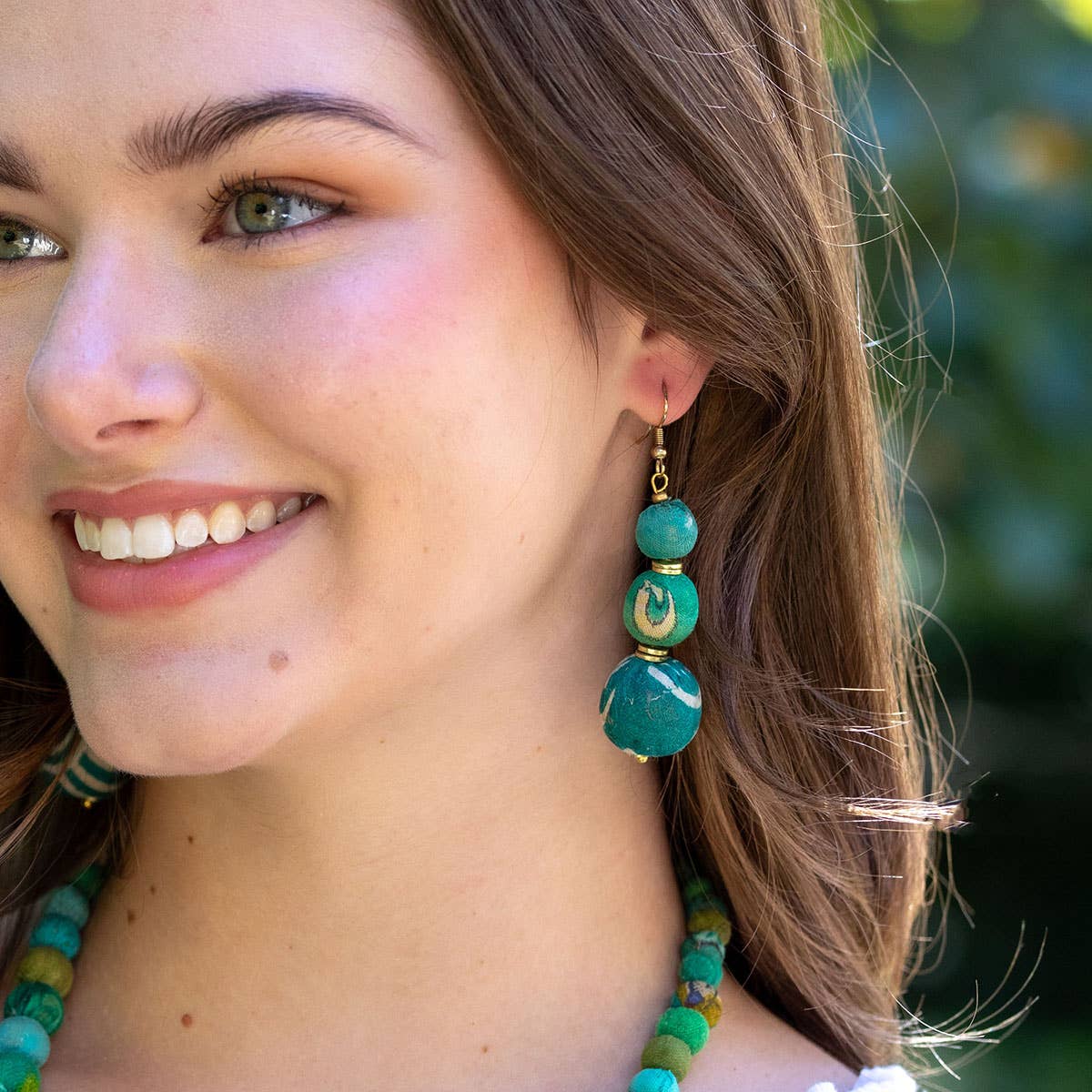 Aasha Trio Seagrass Big Beaded Kantha Handcrafted Earrings