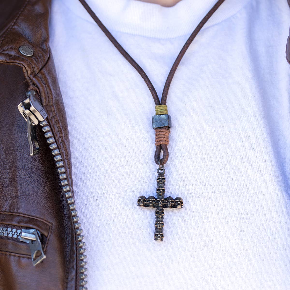 Aadi Brass Cross of Skulls Brown Leather Men's Necklace