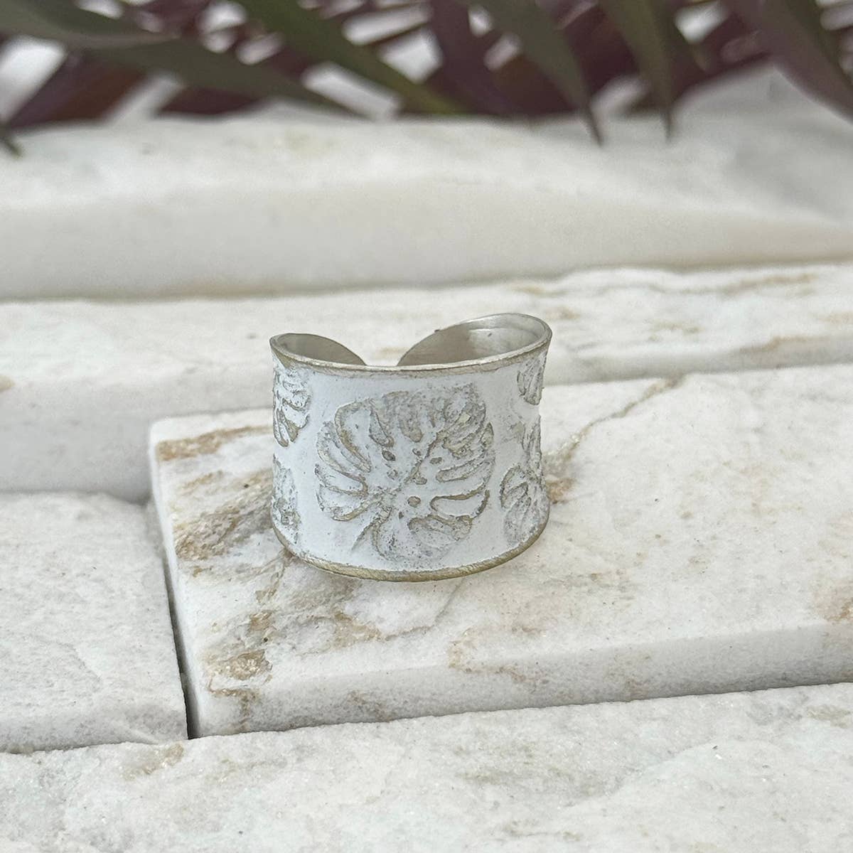 Handcrafted White Monstera Leaf Patina Ring