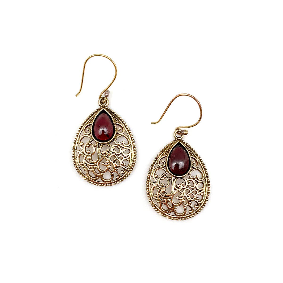 Tanvi Gold-Plated and Garnet Earrings - Filigree Teardrop