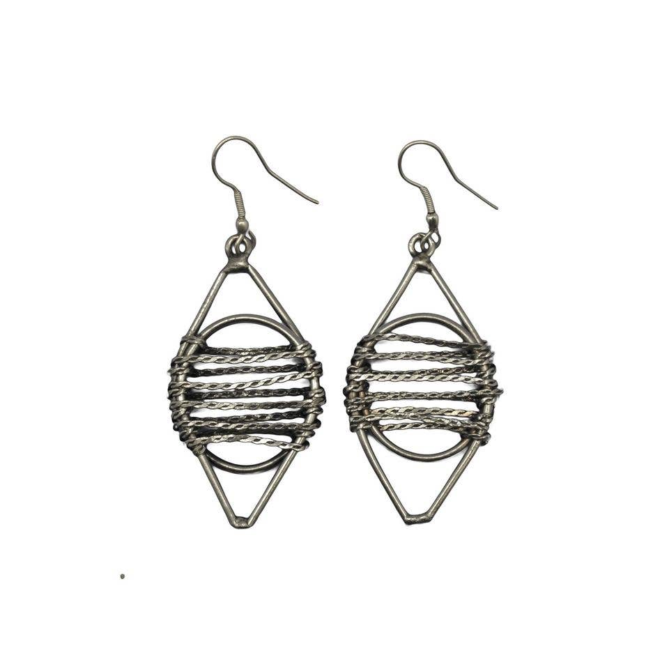 Basketweave Antique Silver Chain Diamond Earrings