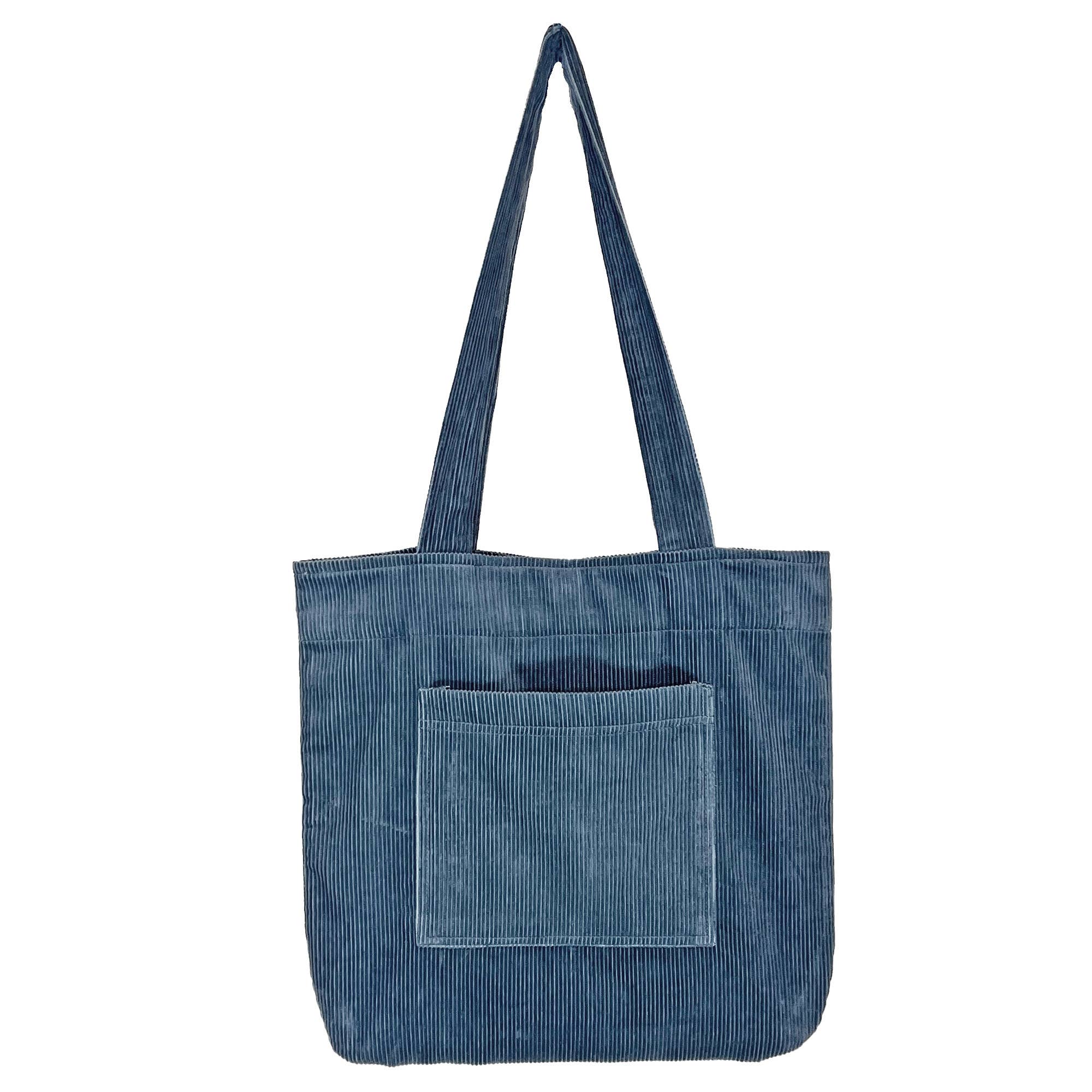 Corduroy Tote Bag with Front Pocket - Blue