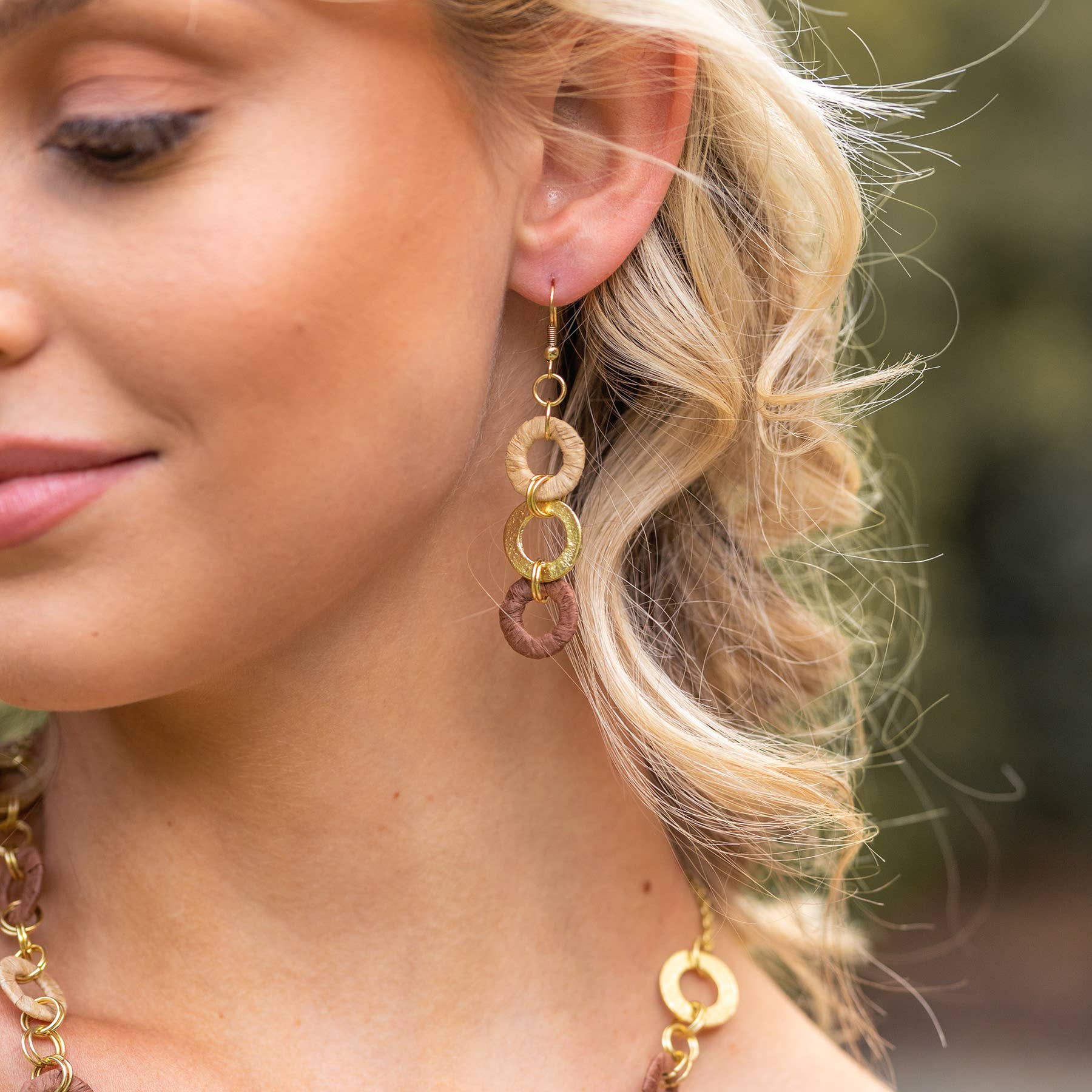 Sachi Raffia Rings Earrings - Tan and Brown Small Rings