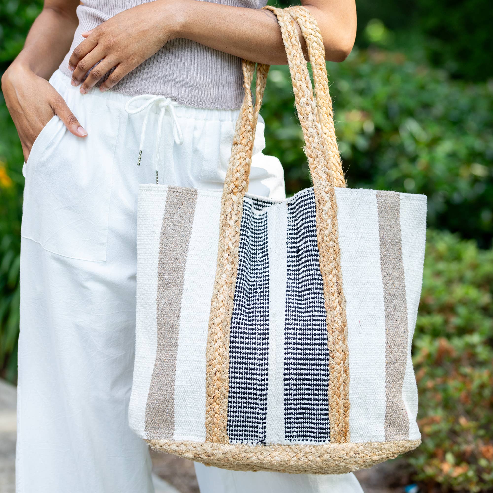 Cayman Tote - White and Black Stripes Jute Tote