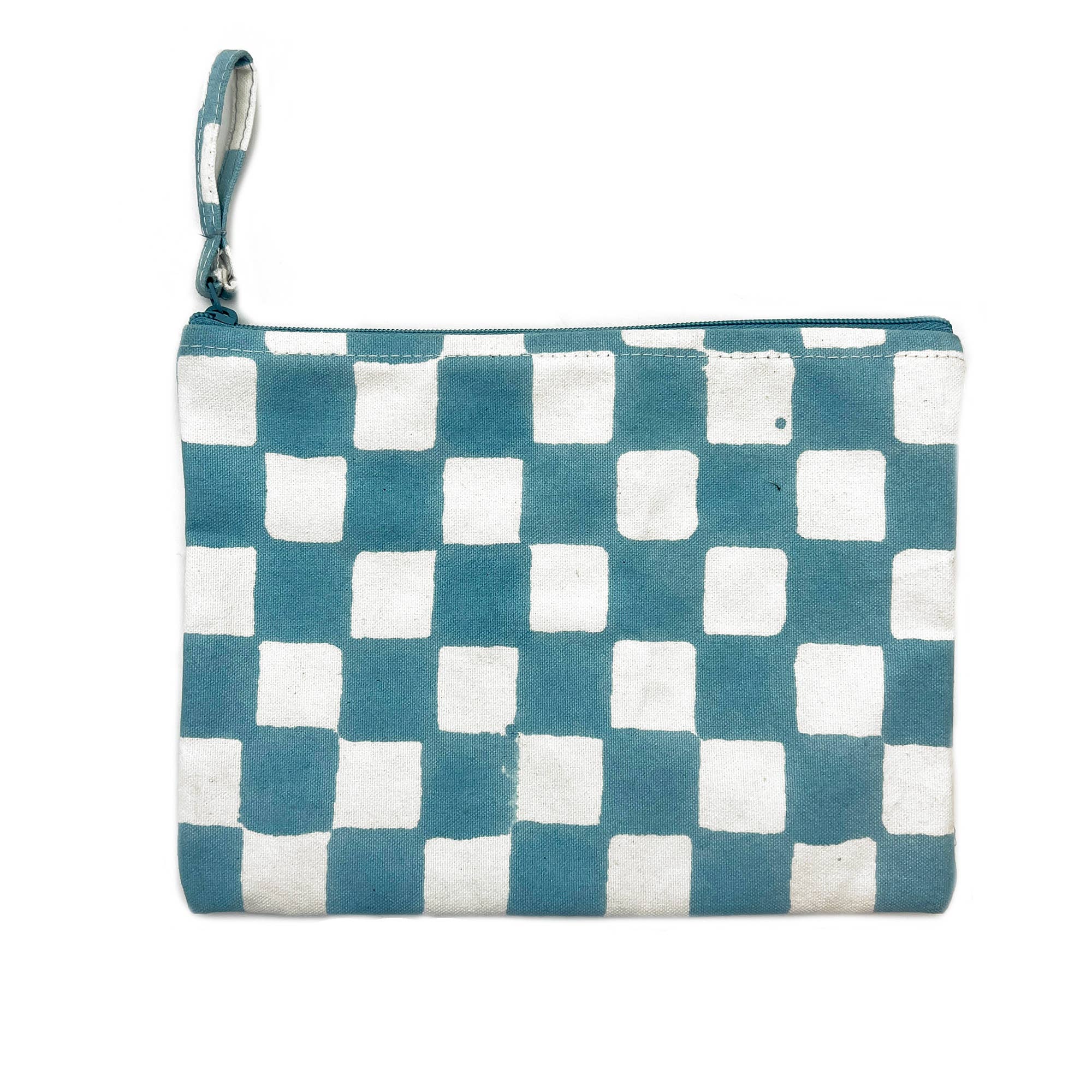 Block-Printed Canvas Zipper Pouch Ocean Checks
